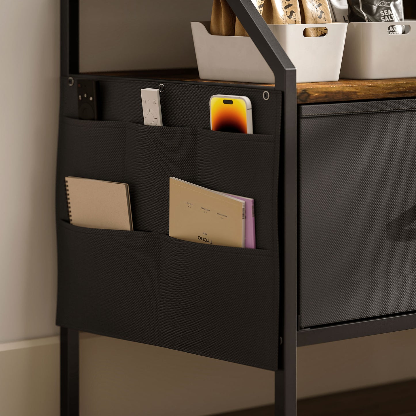 HOMCOM TV Stand Cabinet, TV Unit for 55-inch TVs with 2 Foldable Fabric Drawers, 5 Divided Side Pockets, Open Shelves, Console Table for Living Room, Bedroom, Entertainment Room, Rustic Brown