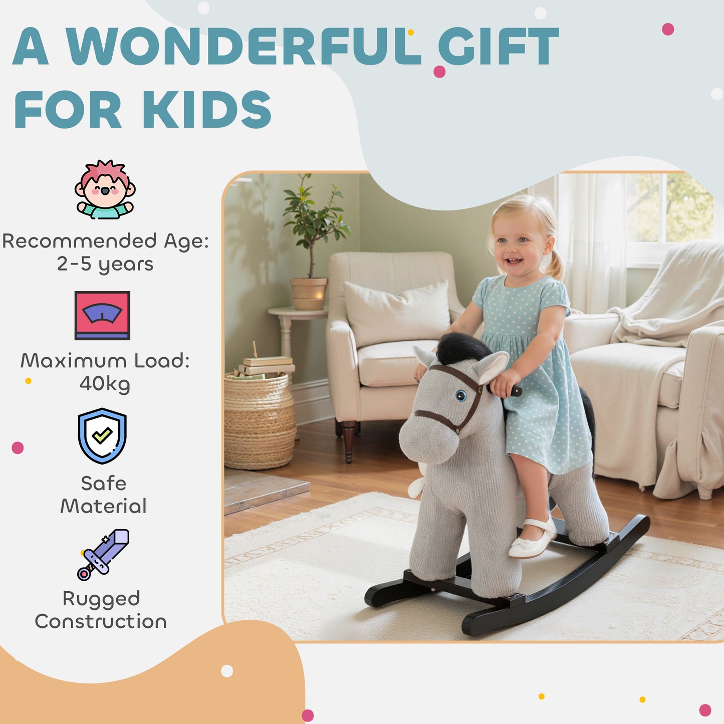 AIYAPLAY Baby Rocking Horse, Plush Ride on Toy with Handle Grip, Sound and Doll, Toddler Animal Rocker for Kids Aged 2-5, Grey