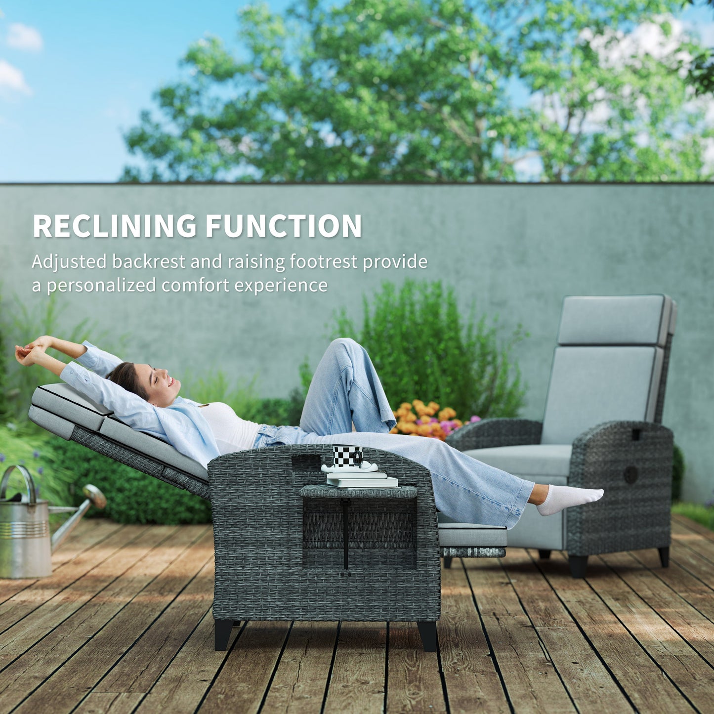 Outsunny Outdoor Recliner Chair with Adjustable Backrest and Footrest, Cushion, Side Tray, Light Grey/Grey