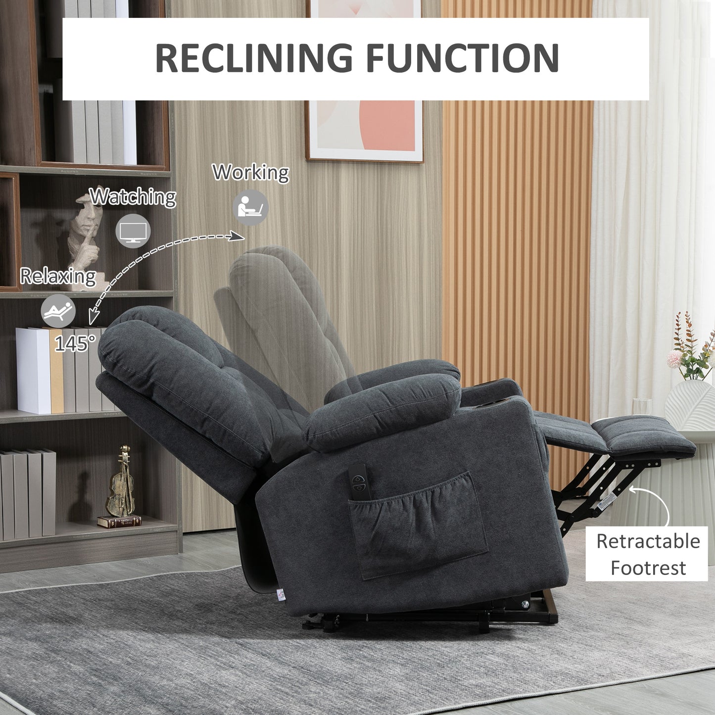 HOMCOM Electric Riser Recliner Armchair, Oversized Chair with Cup Holder & Side Pockets for Elderly in Living Room, Charcoal Grey