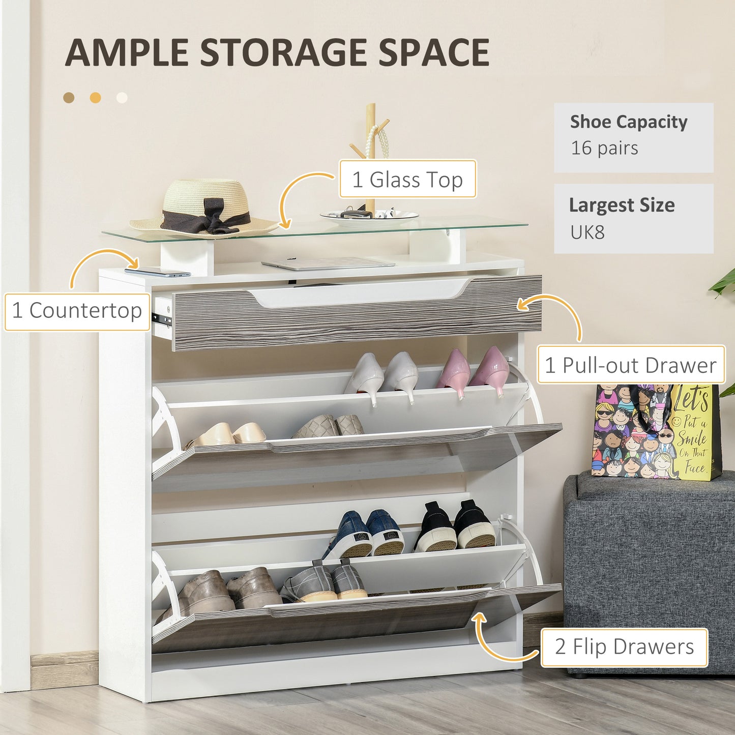 HOMCOM Shoe Storage Cabinet with Slide Out Drawer, 2 Flip Doors, Tempered Glass Top - Grey