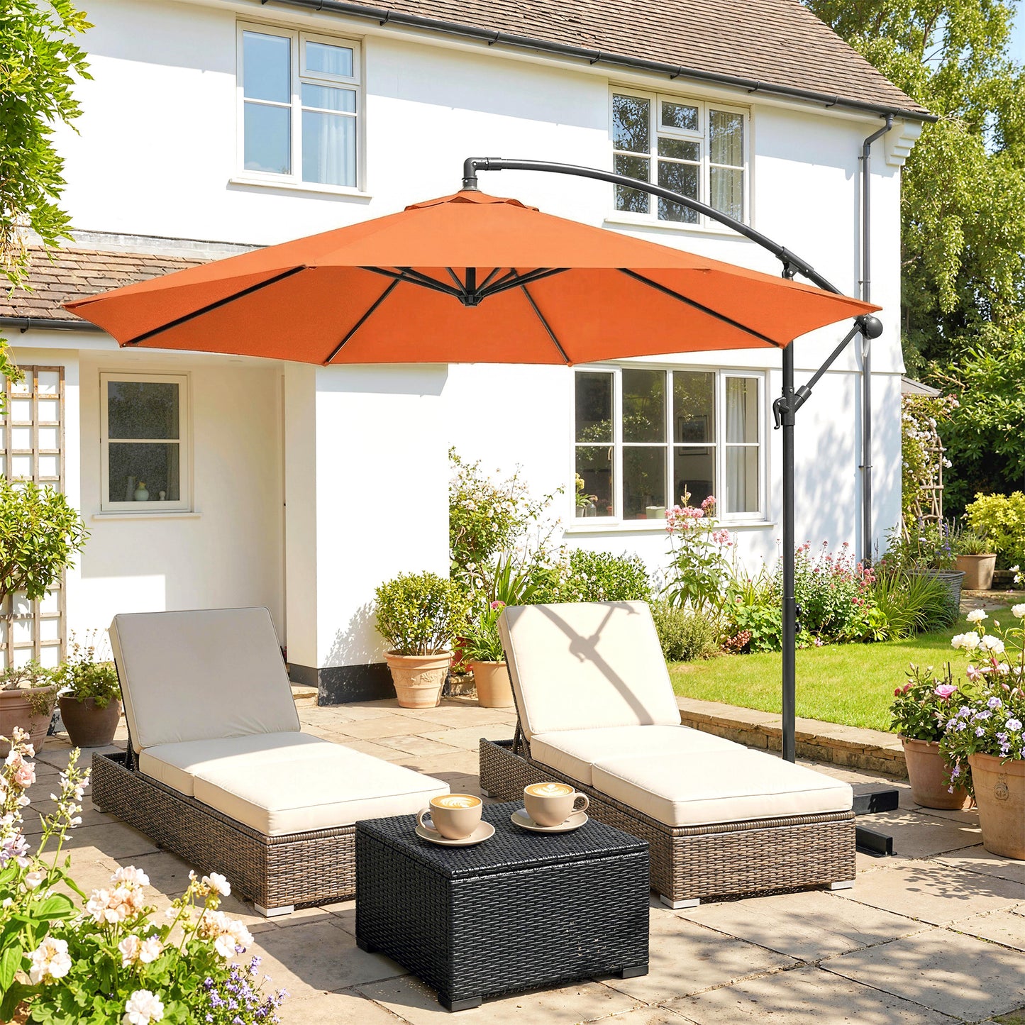 Outsunny 3 m Cantilever Parasol with Cross Base, Offset Outdoor Umbrella with Crank Handle, Hanging Sun Shade, Orange