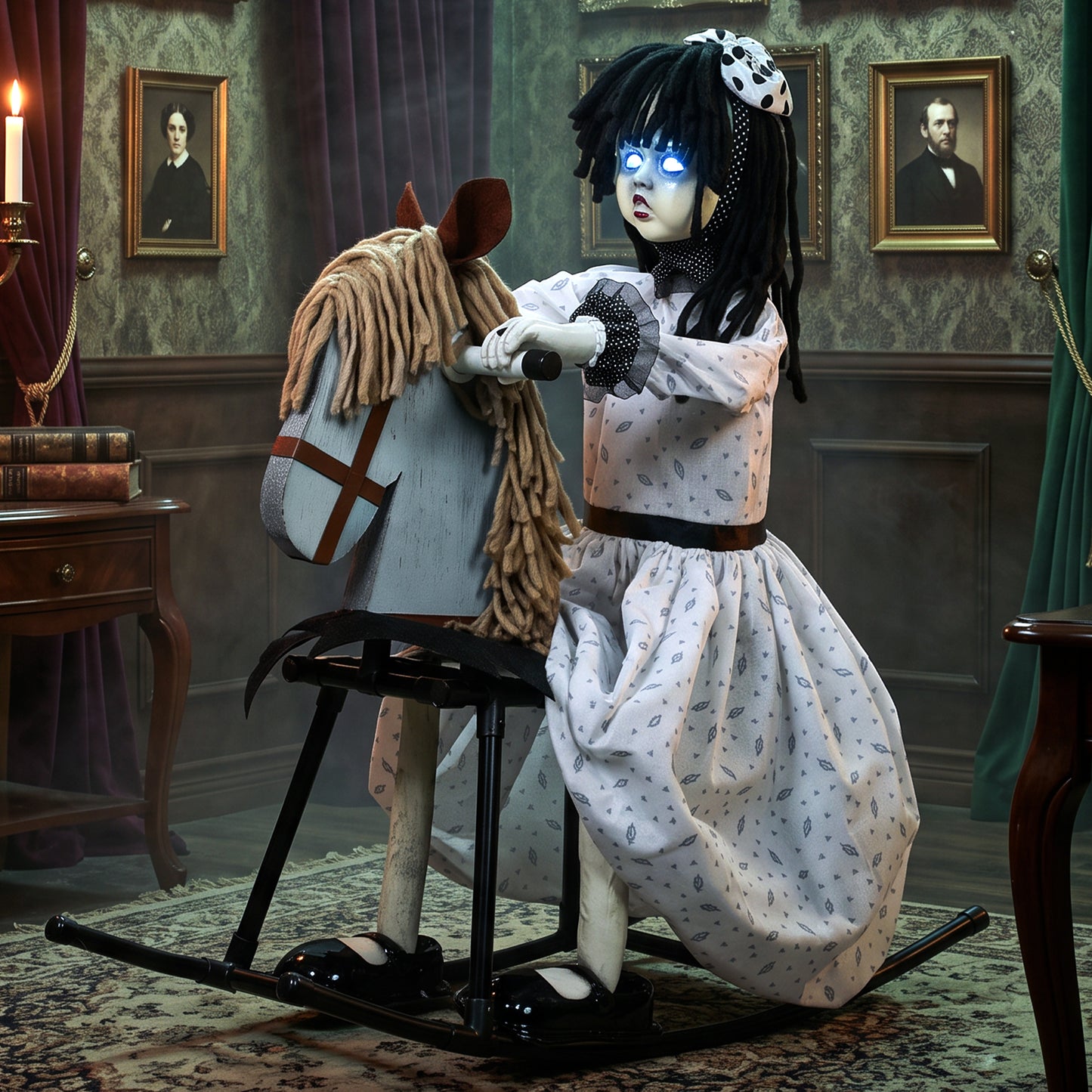 HOMCOM Animated Halloween Girl Riding Horse, Halloween Animatronics with Creepy Rhymes, Glowing Eyes, Sound/Touch Activated
