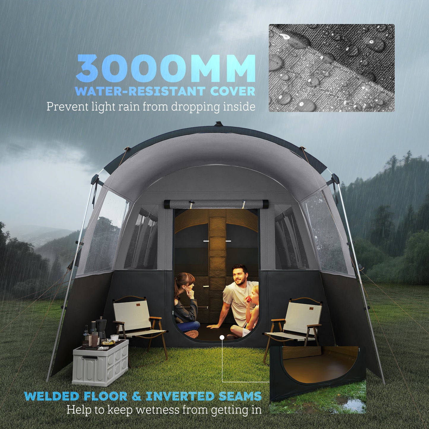 Outsunny 8-Person Camping Tent, Waterproof Family Tent, Tunnel Design, 4 Large Windows, Sleeping Cabins 3000mm Water Column Grey