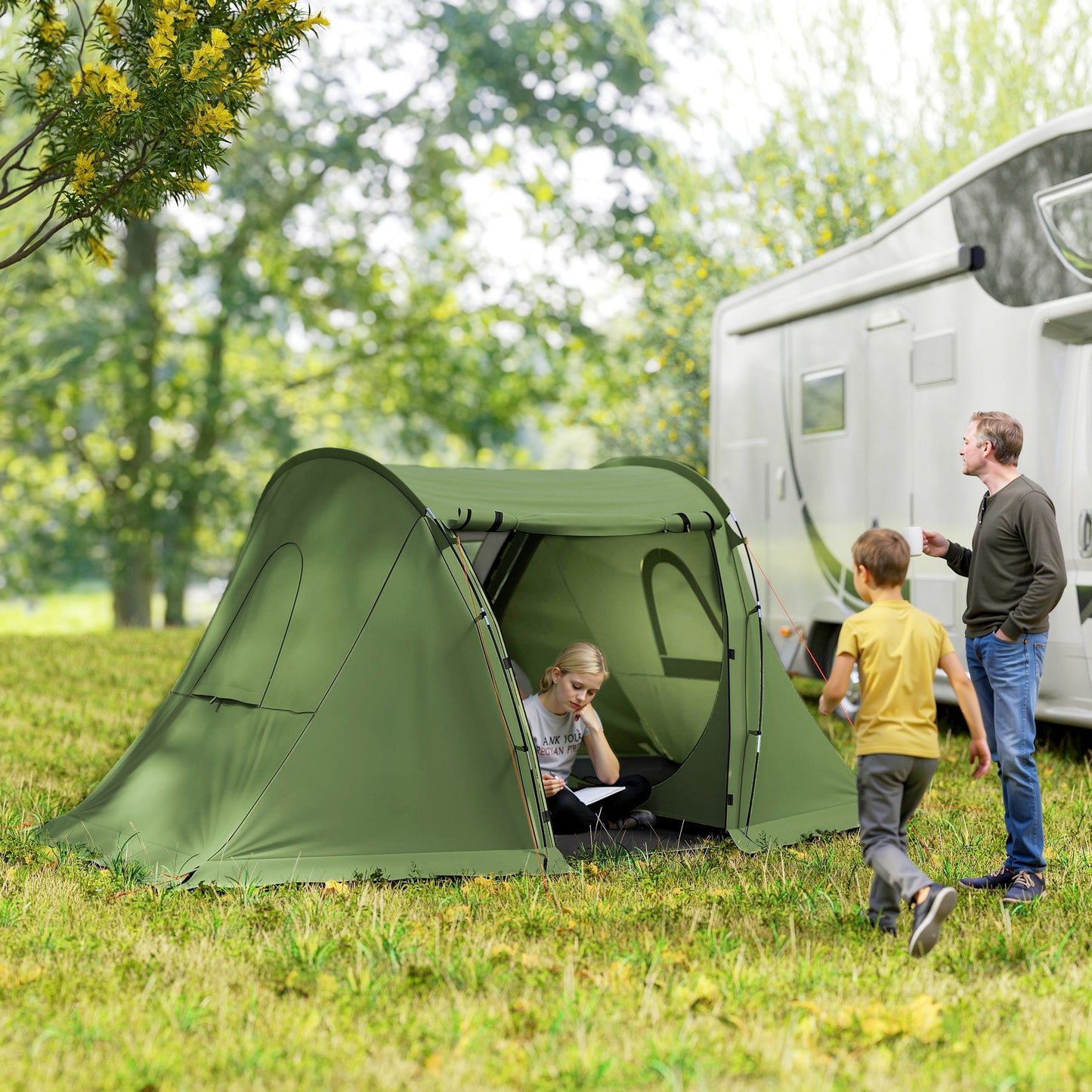 Outsunny 3 Man Camping Tent with Living Area and 2 Bedrooms, 3000mm Waterproof Family Tent with Sewn-in Groundsheet and bag, Portable Dome Shelter for Hiking, Festival, Backpacking, Green