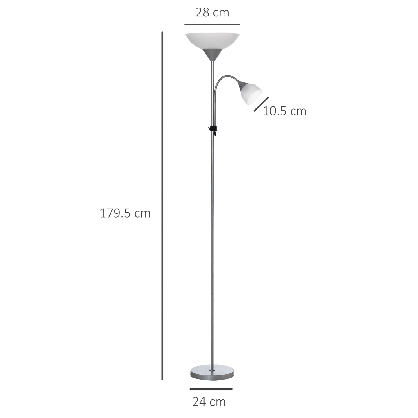 HOMCOM LED Floor Lamp for Living Room, 180cm Tall Standing Lamp, Mother and Child Uplighter with Adjustable Gooseneck, Silver Tone