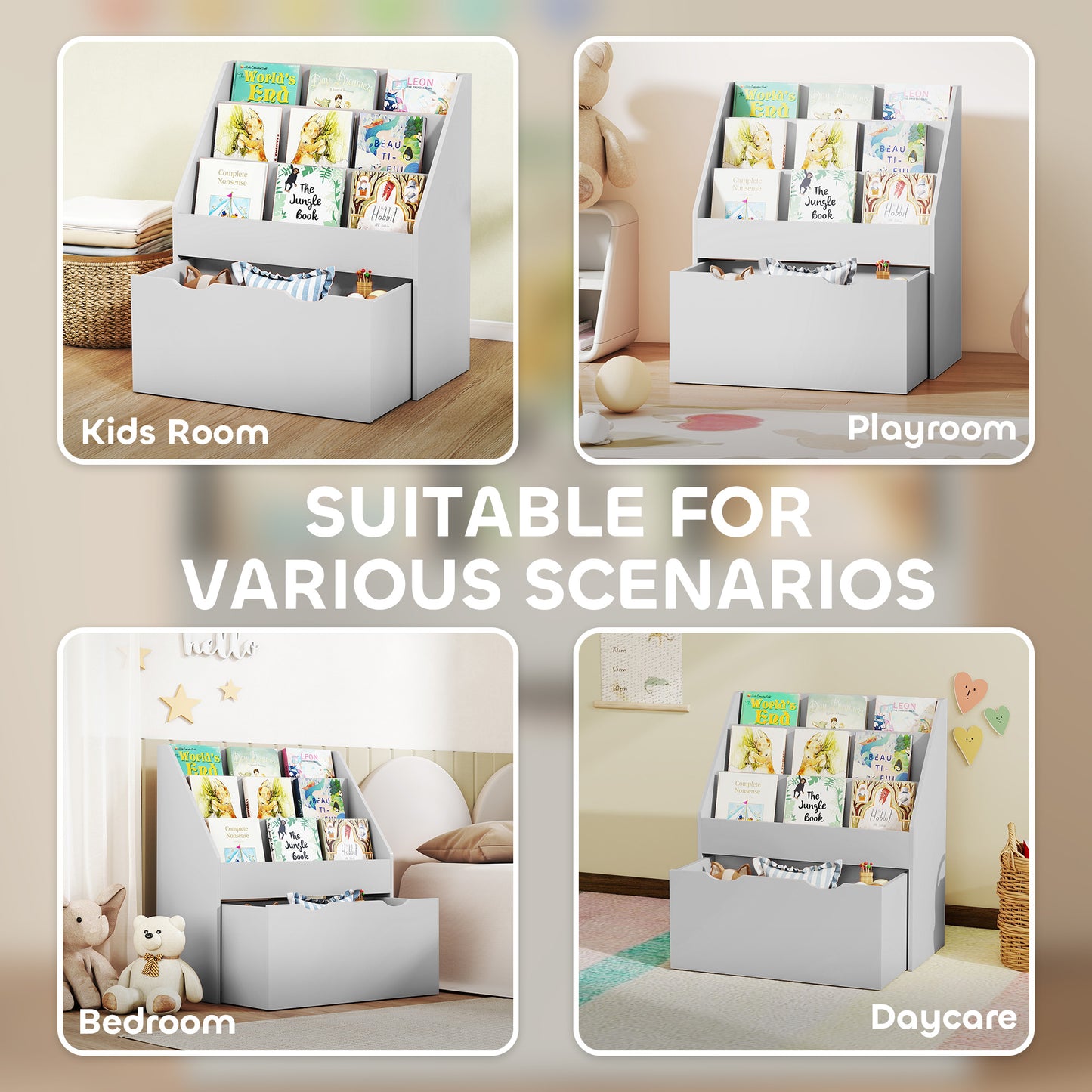 AIYAPLAY Bookcase for Kids with Shelves, Drawer, Bookcase for Bedroom, Playroom, Grey