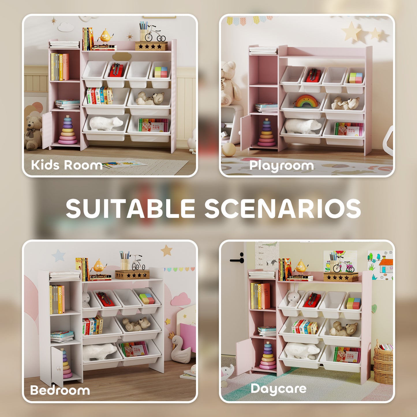 AIYAPLAY Toy Storage Unit with 8 Removable Bins, Storage Shelves, Cabinet, Pink