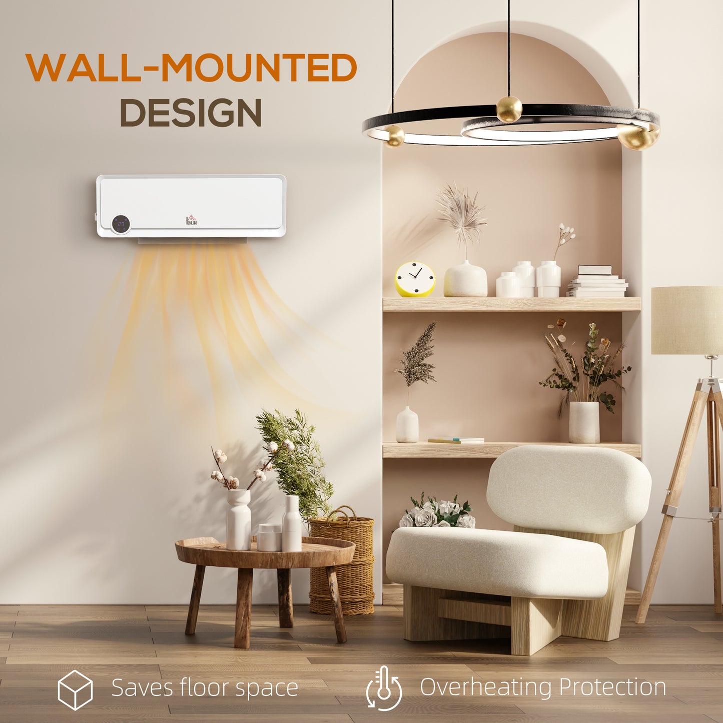 HOMCOM Wall Downflow Heater 2 Heat and Fan 1000W/2000W, Electric Space Heater with Timer Remote Oscillating, for Bedroom Home Office, White