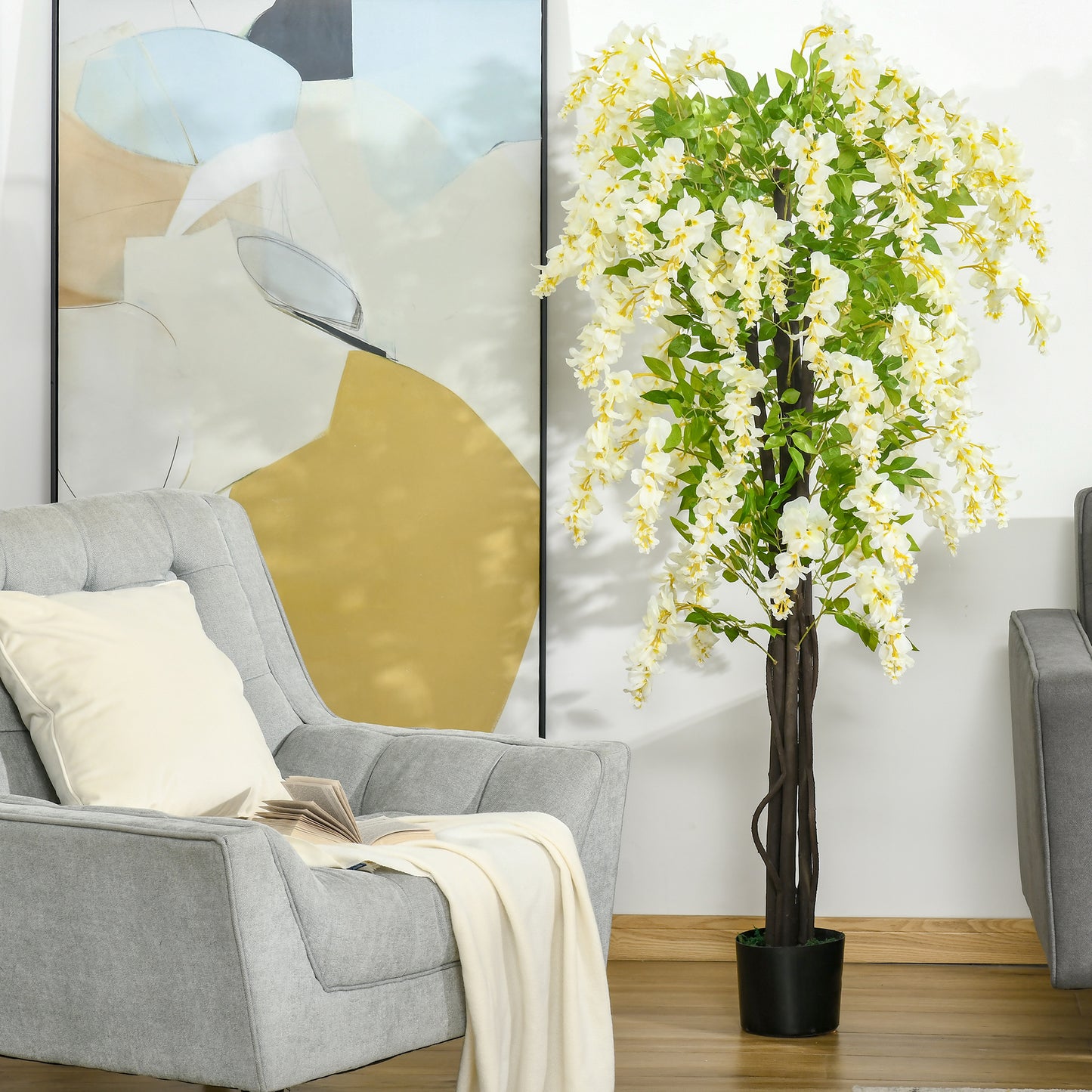 HOMCOM Artificial Realistic White Wisteria Tree Faux Decorative Plant in Nursery Pot for Indoor Décor, 160cm