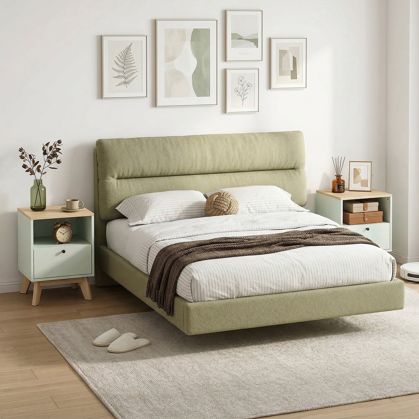 HOMCOM Modern Nightstand Set of 2, Bedside Table with Drawer and Open Shelf, Side End Table for Bedroom, Light Green