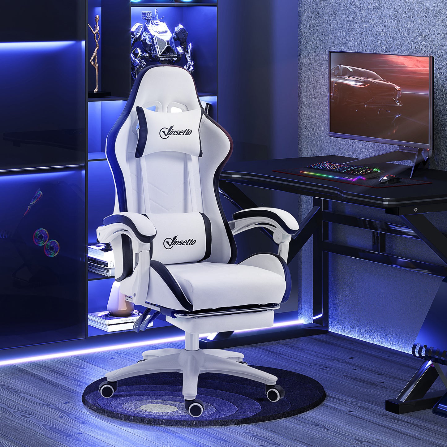 Vinsetto Computer Gaming Chair, PU Leather Office Desk Chair with Footrest, Swivel Wheels, 135° Reclining Back, Lumbar Support, Headrest for Home, White and Black