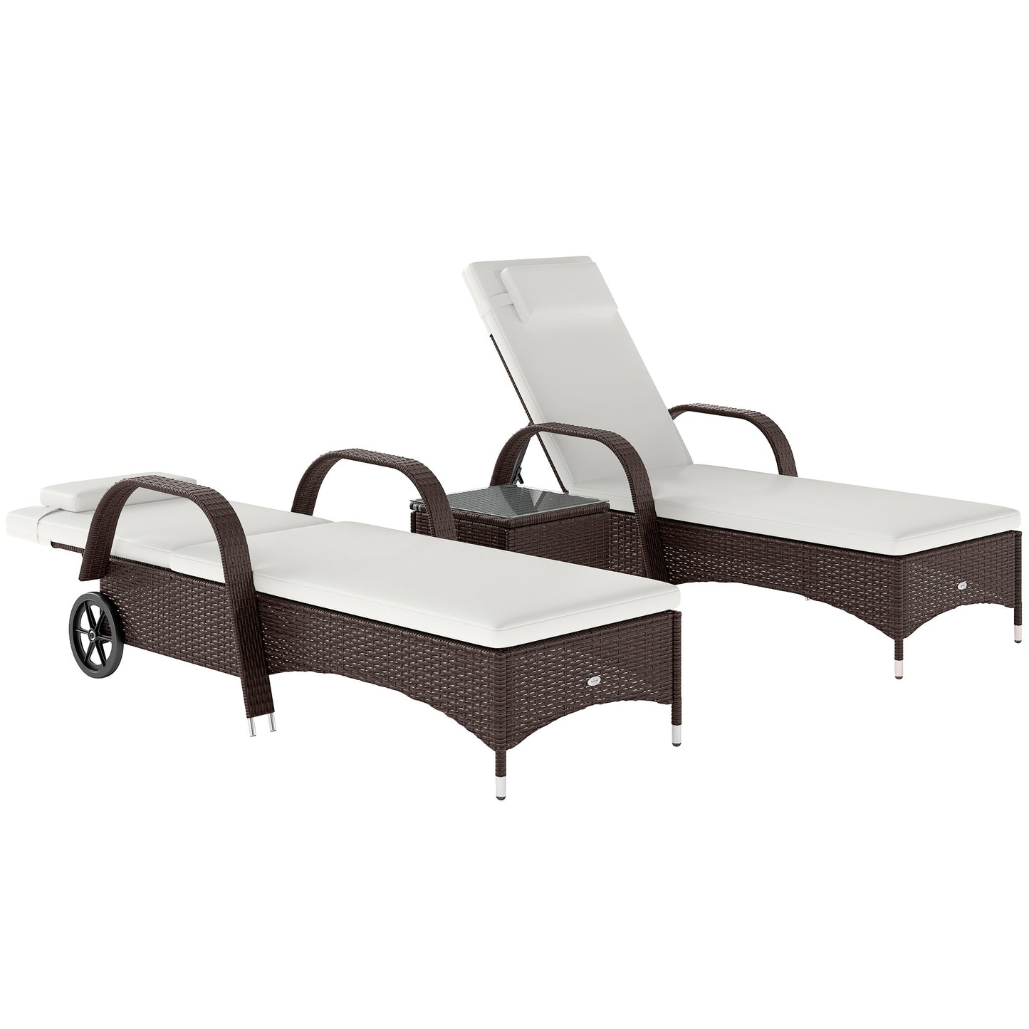 Outsunny Rattan Sun Loungers Set of 2 with Side Table, 3-Piece Garden Furniture Set, Adjustable Recliner Sunlounger Sunbed with Cushions & Headrest, Wheels, Outdoor Patio Daybed, Brown