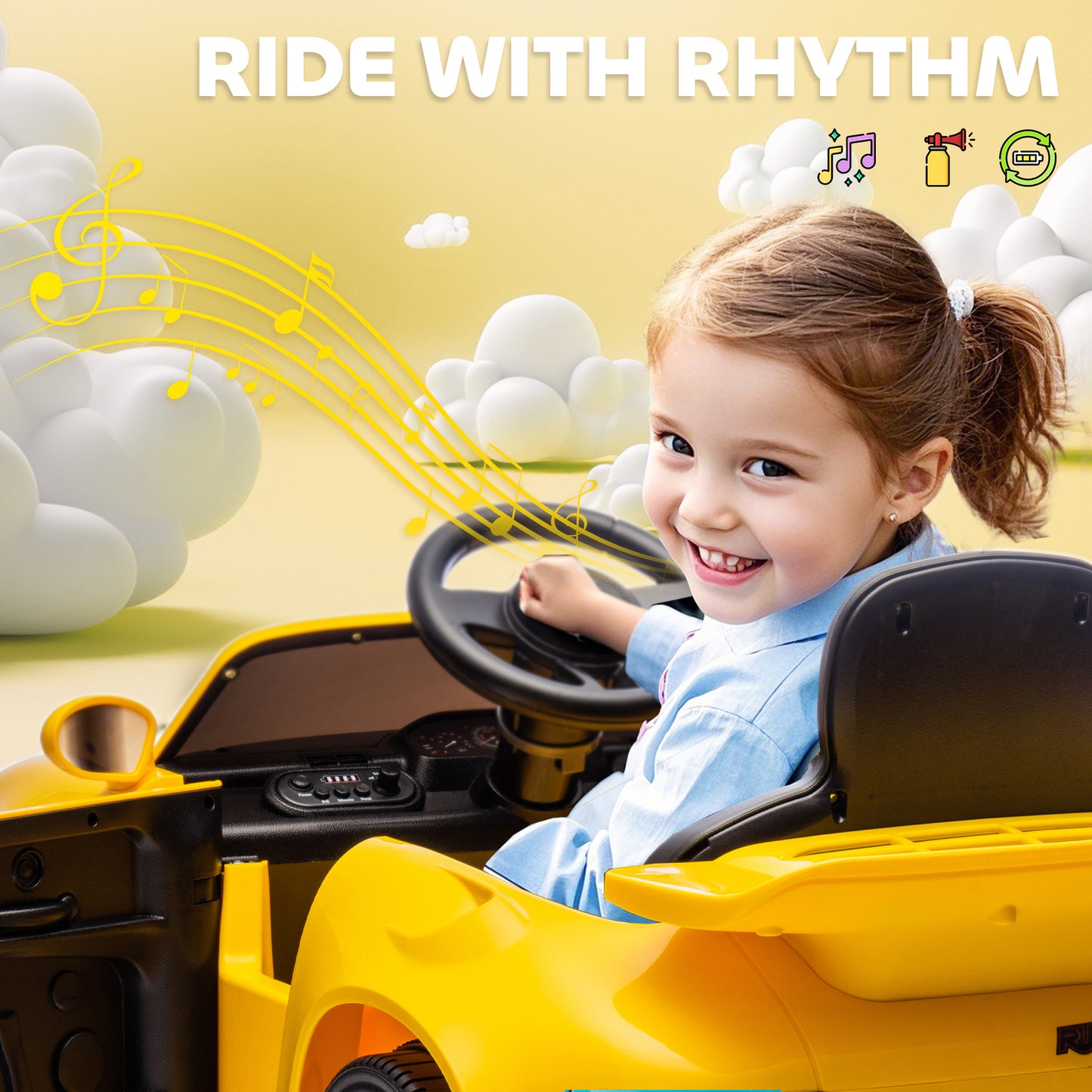 AIYAPLAY Licensed RUF CTR 2017-Yellowbird Electric Car for Kids, with Remote Control, Soft Start, MP3 Player, LED Lights, Yellow