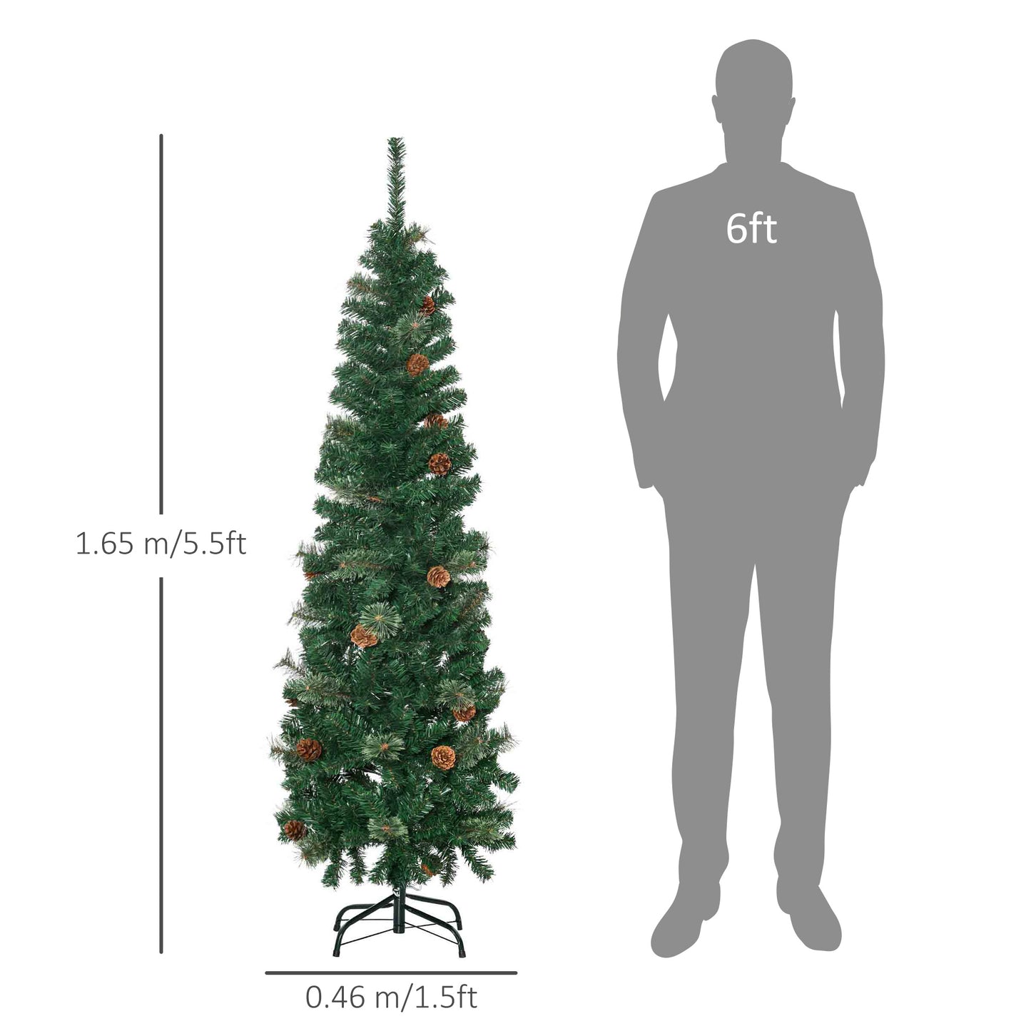 HOMCOM 5.5FT Tall Pencil Slim Artificial Christmas Tree with Realistic Branches, Tip Count and Pine Cones, Pine Needles Tree, Xmas Decoration, Green