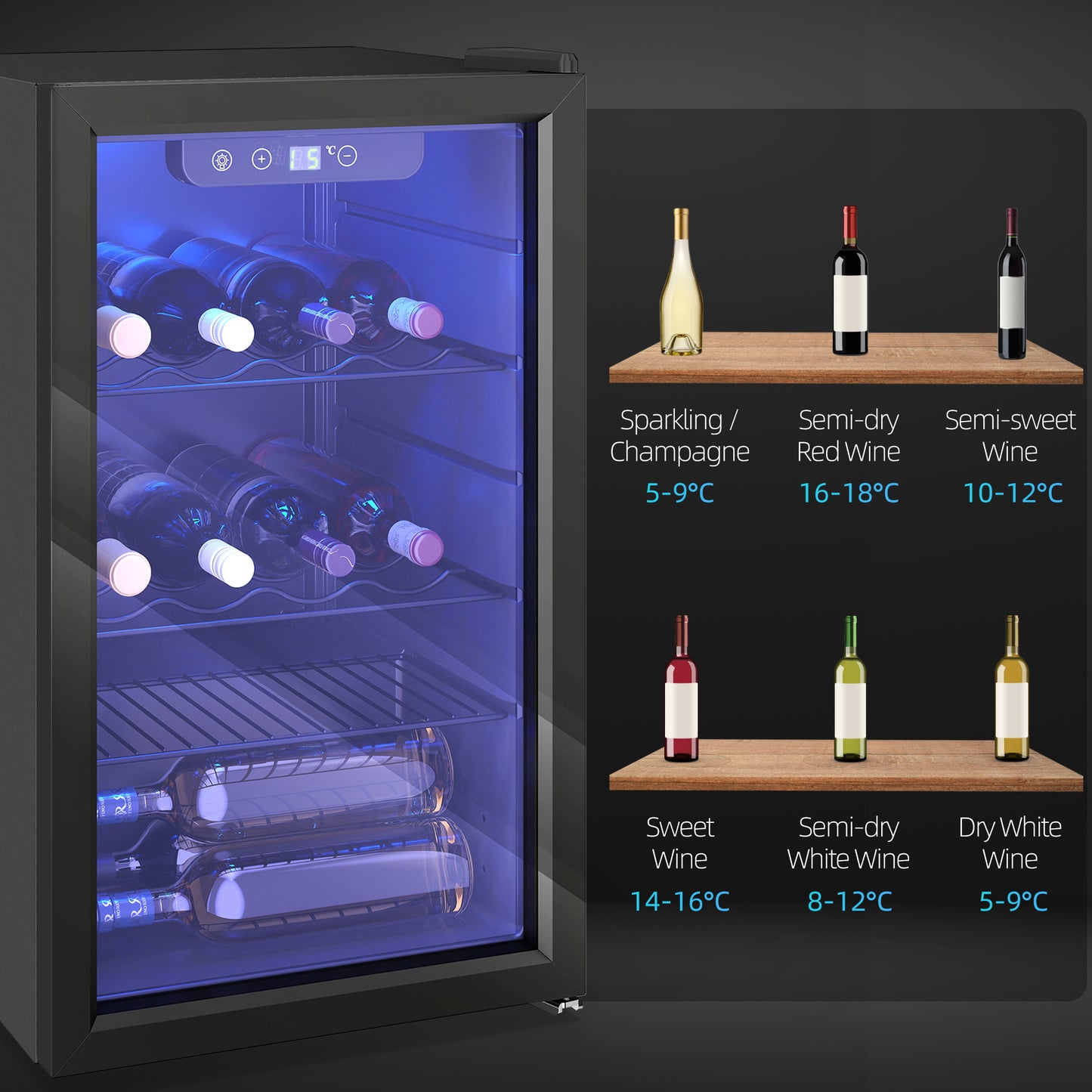 HOMCOM 24 Bottle Wine Cooler, 68 Litre Capacity, 4-16°C Freestanding Drinks Wine Fridge with Glass Door, Black