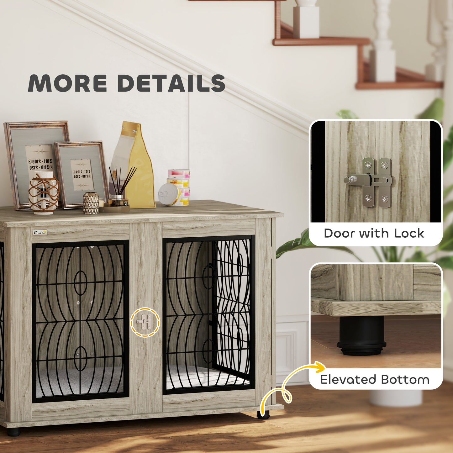 PawHut Dog Crate Furniture Table with Soft Washable Cushion and Lockable Door, for Large Indoor Dogs, Grey