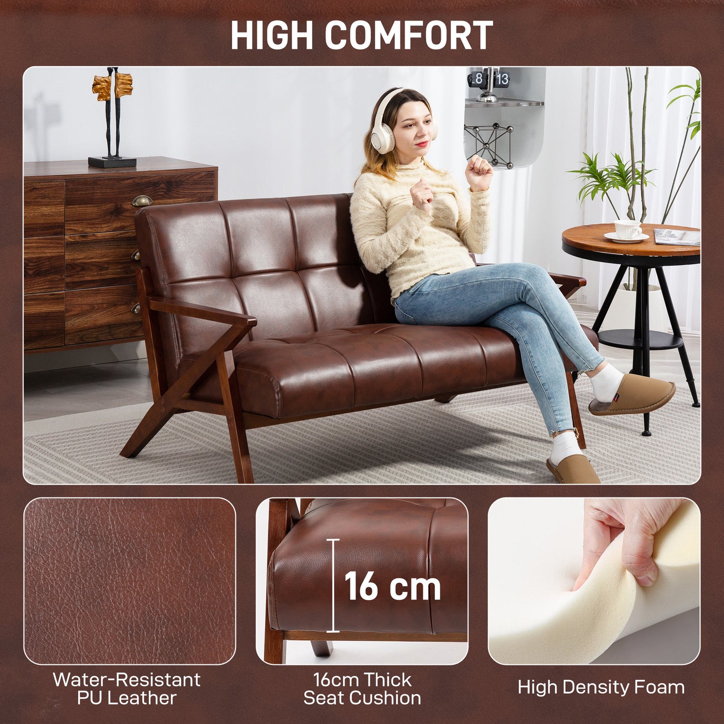 HOMCOM Compact 2 Seater Sofa, Vintage Tufted Loveseat Sofa with Solid Wood Legs, PU Leather Small Couch Settee for Living Room, Bedroom, Home Office, 133 x 81 x 78.5 cm, Brown