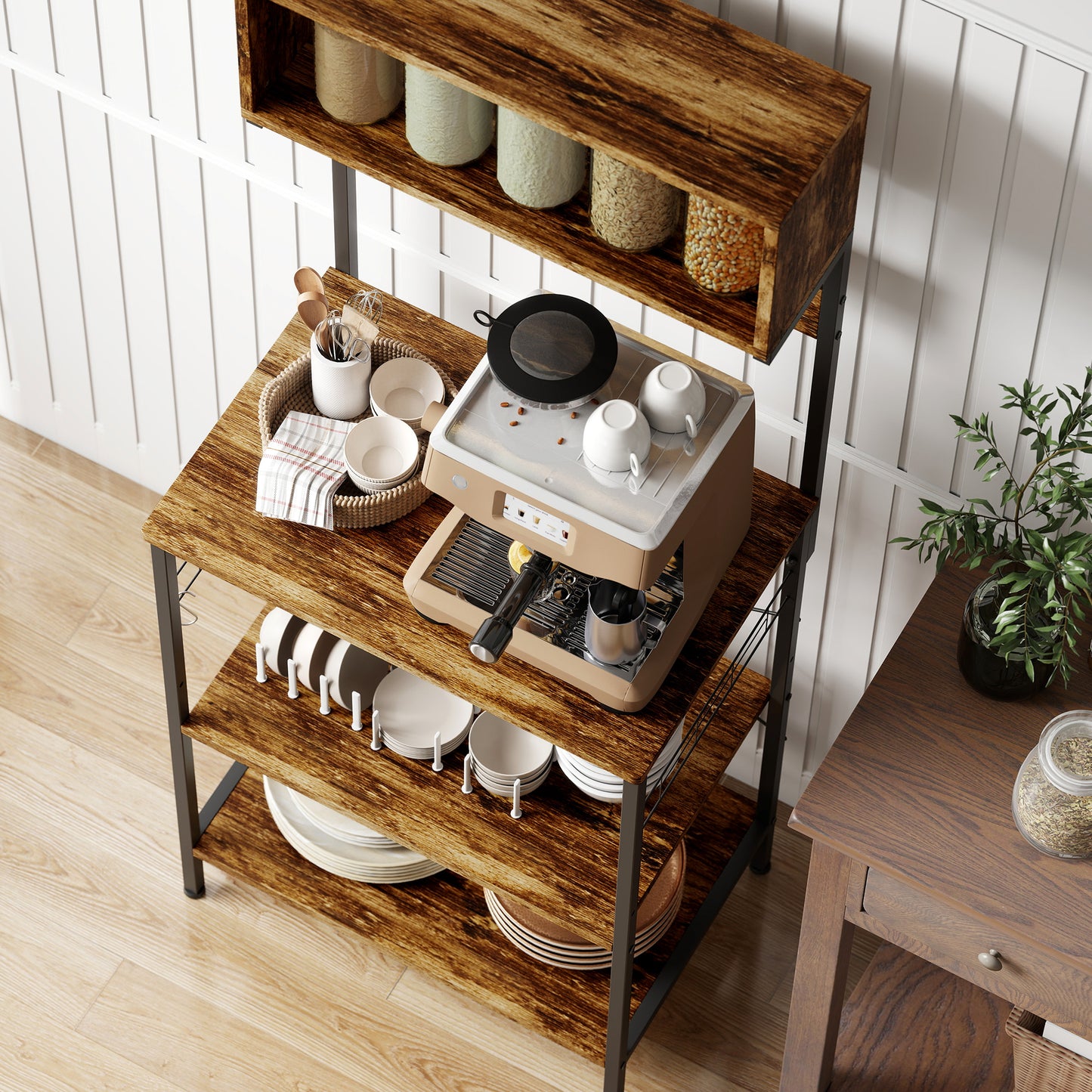 HOMCOM Bakers Rack with Power Outlet, USB Charger, Microwave Stand with Adjustable Shelves, 5 Hooks for Small Spaces, Kitchen Storage Unit for Spices, Pots and Pans, Rustic Brown