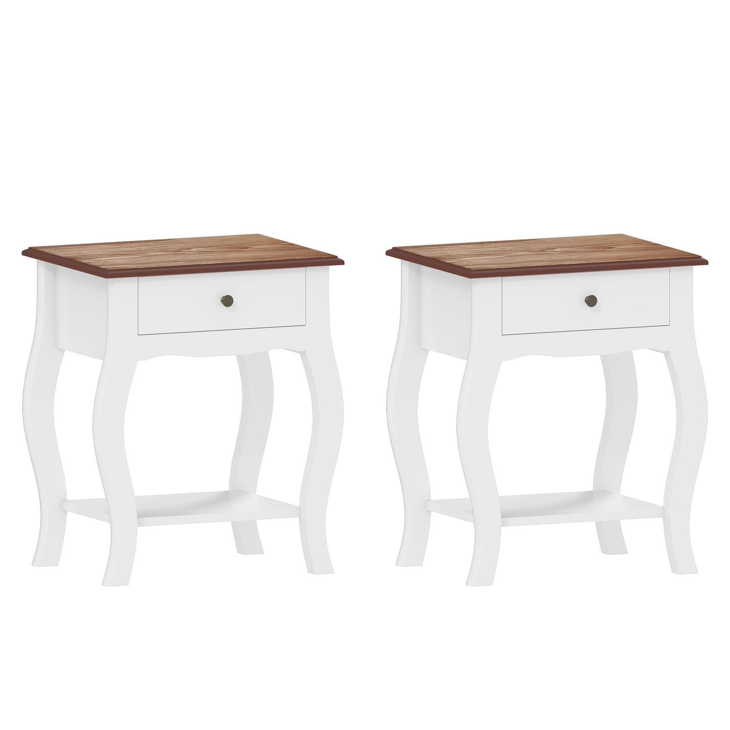 HOMCOM 2pcs Bedside Tables with Drawer, French Style Bedside Cabinets with Open Shelf for Bedroom, Living Room, White
