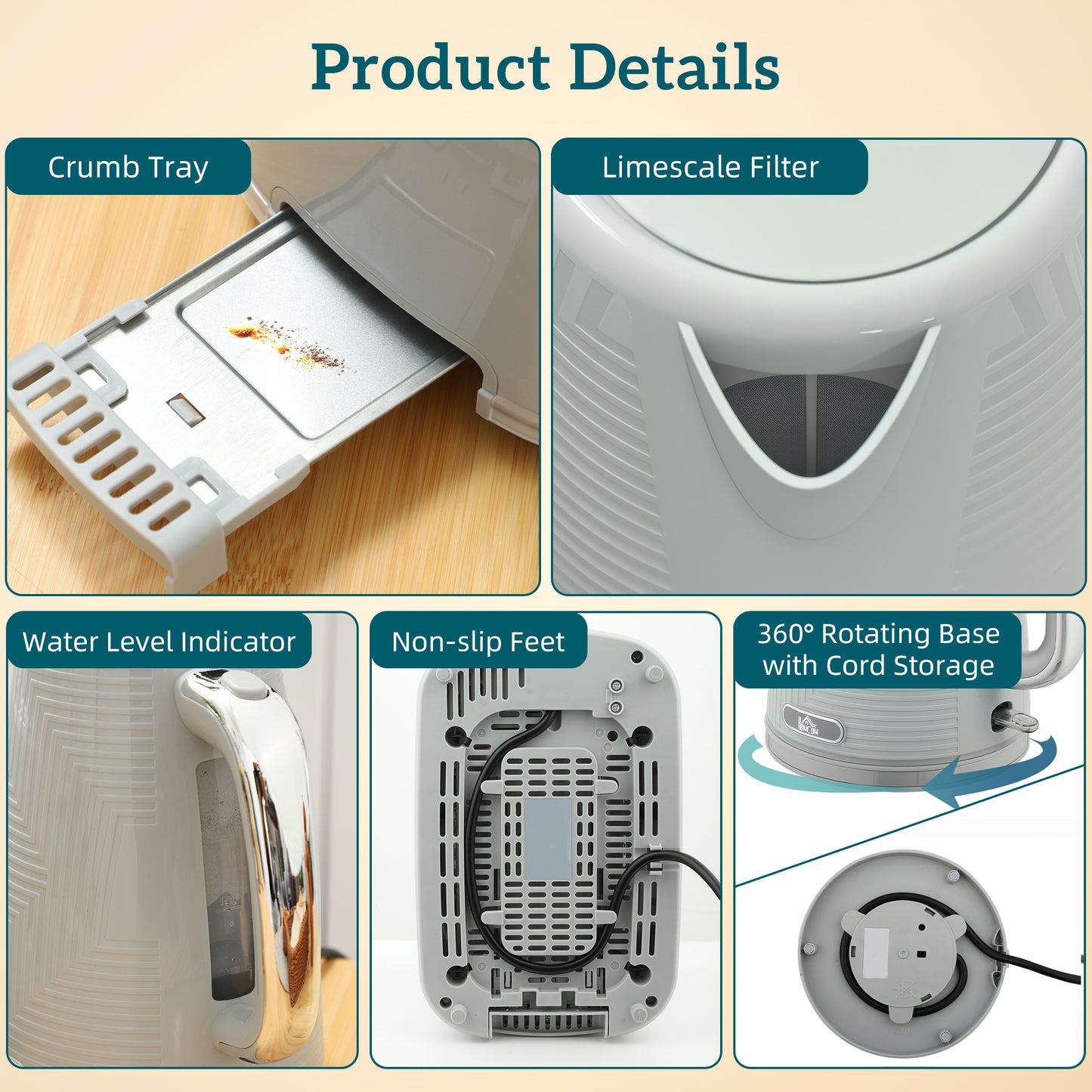 HOMCOM Modern Kettle and Toaster Set - Grey