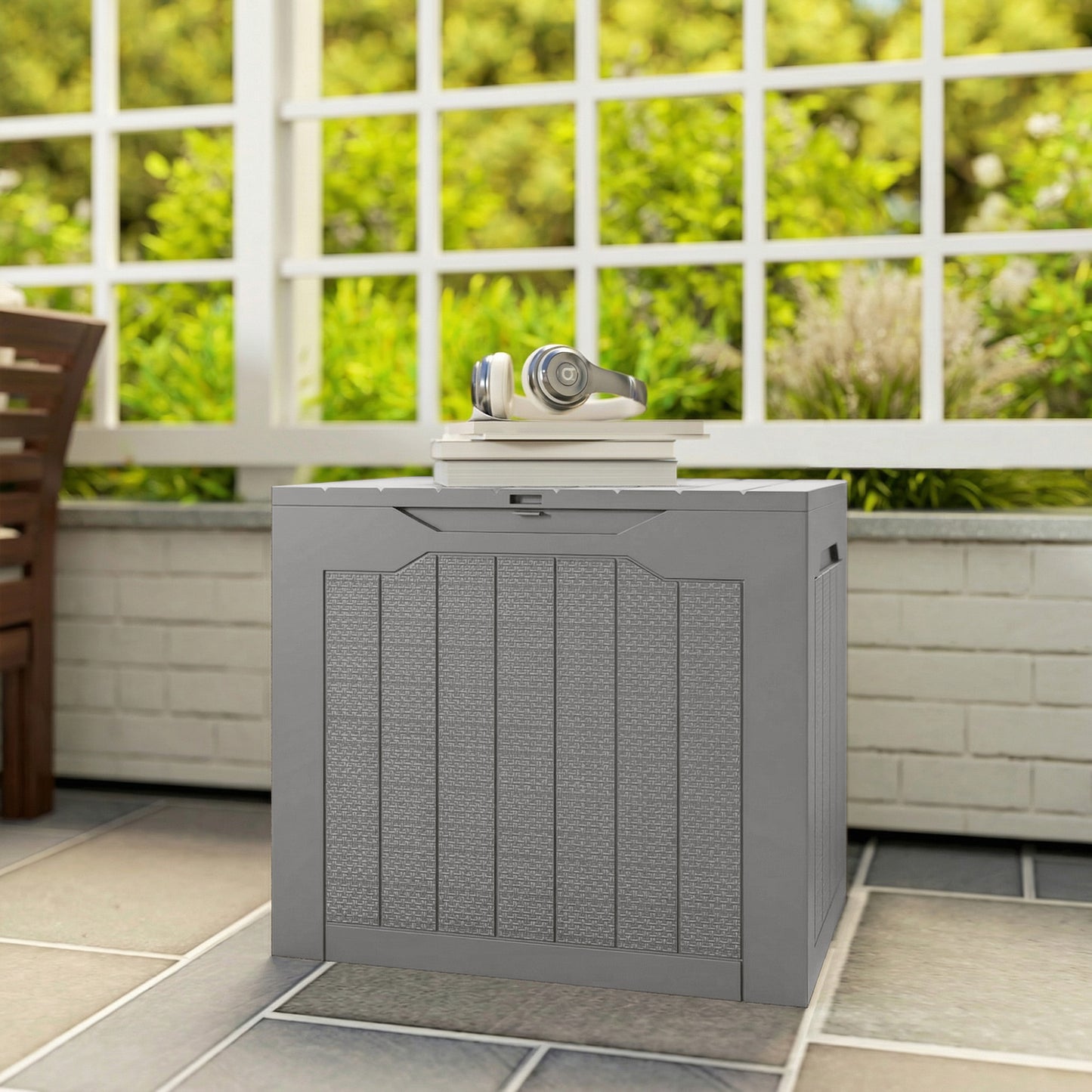 Outsunny 73L Plastic Garden Storage Box, Outdoor Storage Box with Handles, Waterproof Outdoor Storage Container, Khaki