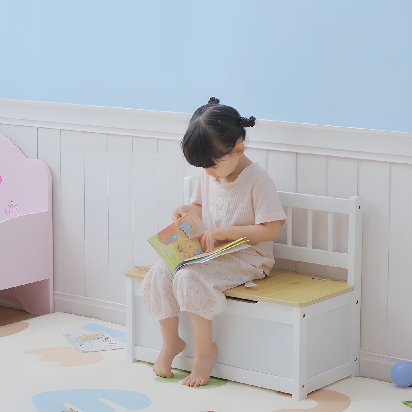 HOMCOM 2 In 1 Wooden Toy Box, Seat Storage Bench, Storage Chest Cabinet Organiser, with Safety Pneumatic Rod