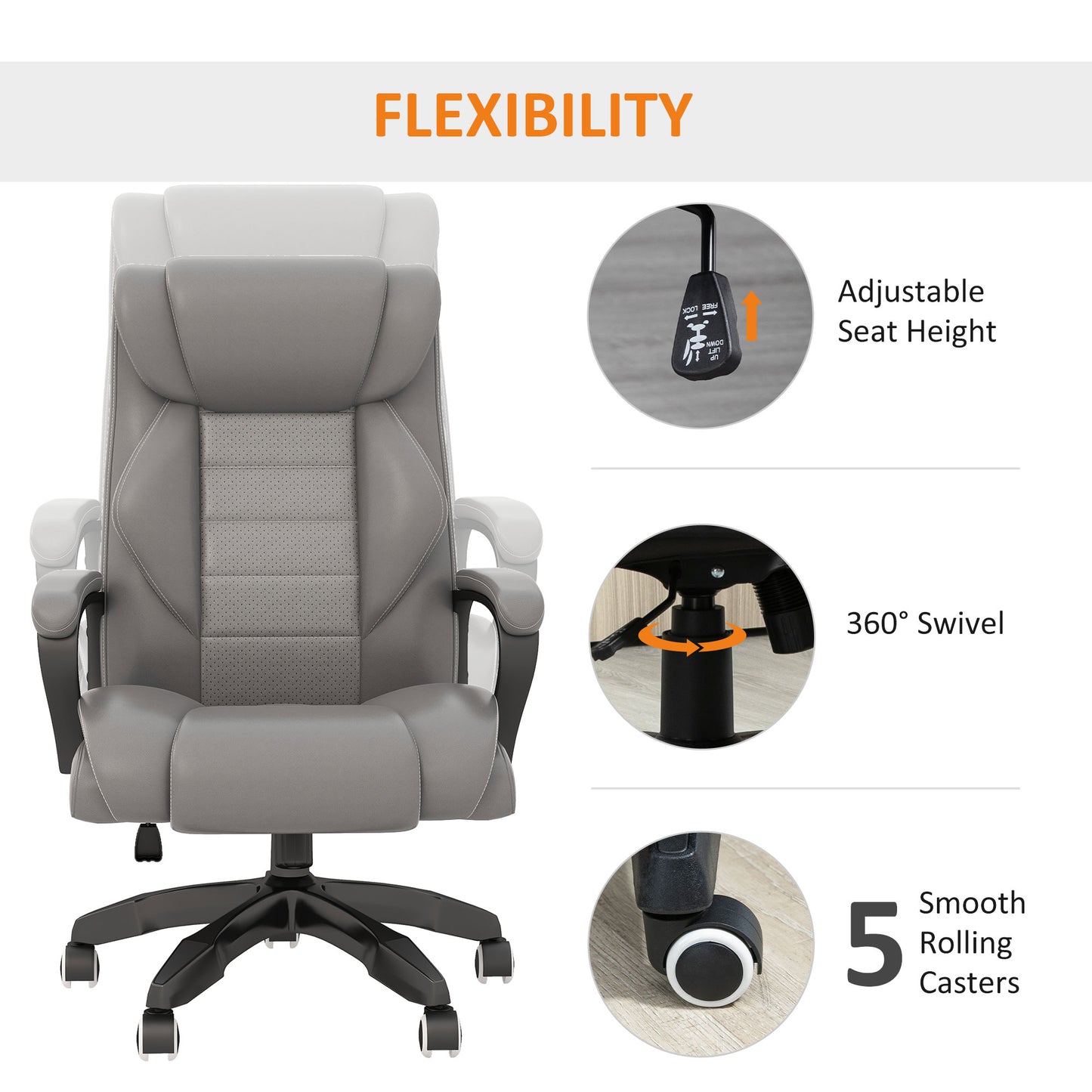 Vinsetto Office Chair with 6-Point Maaage and Back Heat, PU Desk Chair with Padded Seat and Armrest, Computer Chair with Tilt Function for Home, Grey