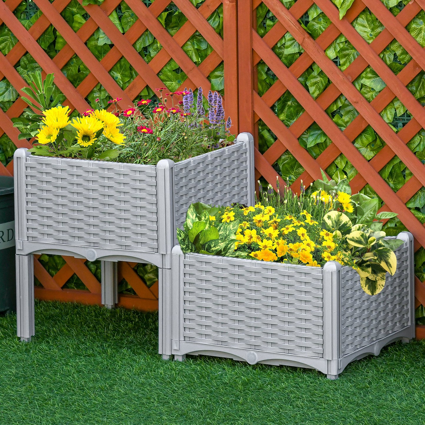Outsunny Set of Two Rattan-Effect Planters - Grey