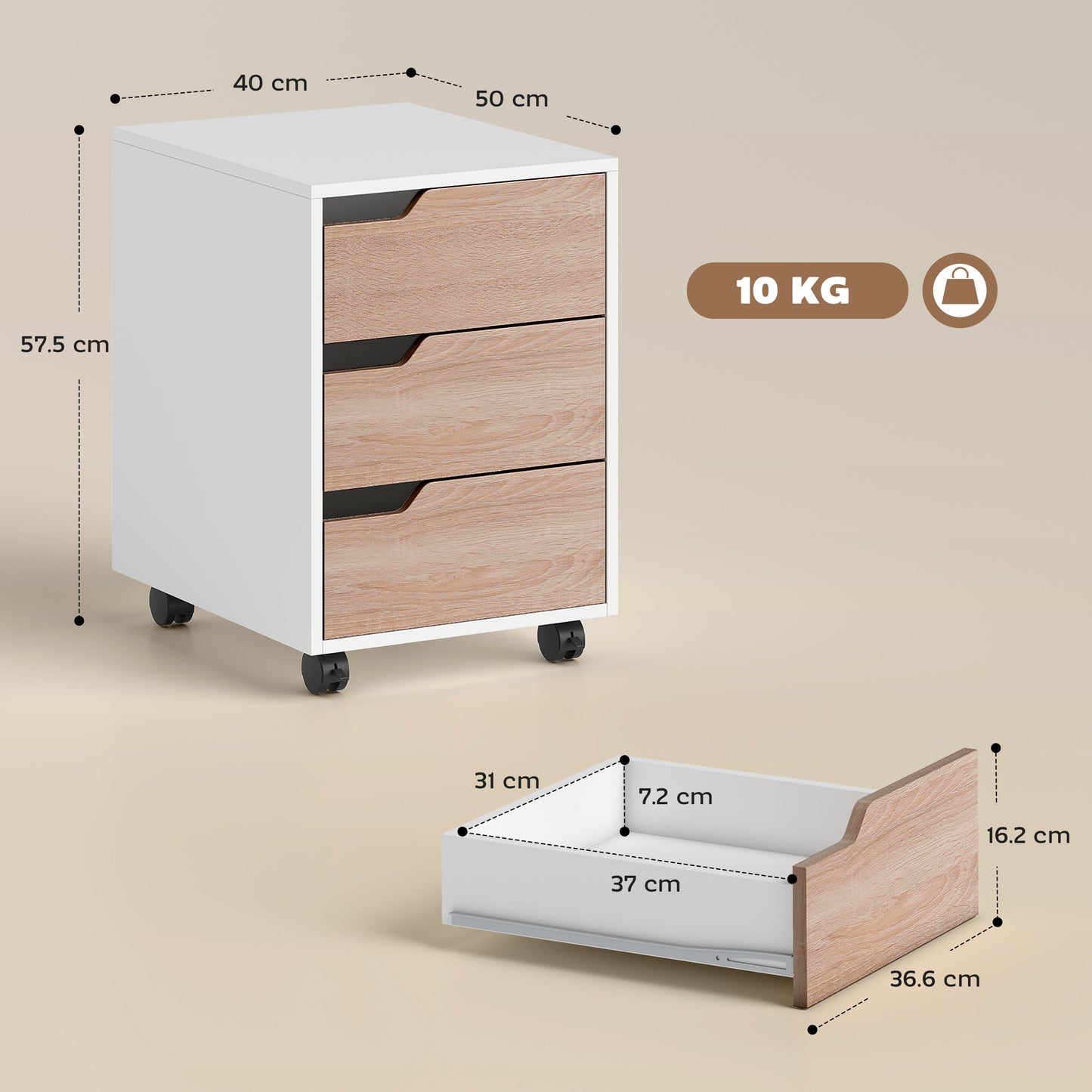 HOMCOM 3 Drawer Mobile File Cabinet, Vertical Filing Cabinet with Wheels for Home Office, Oak