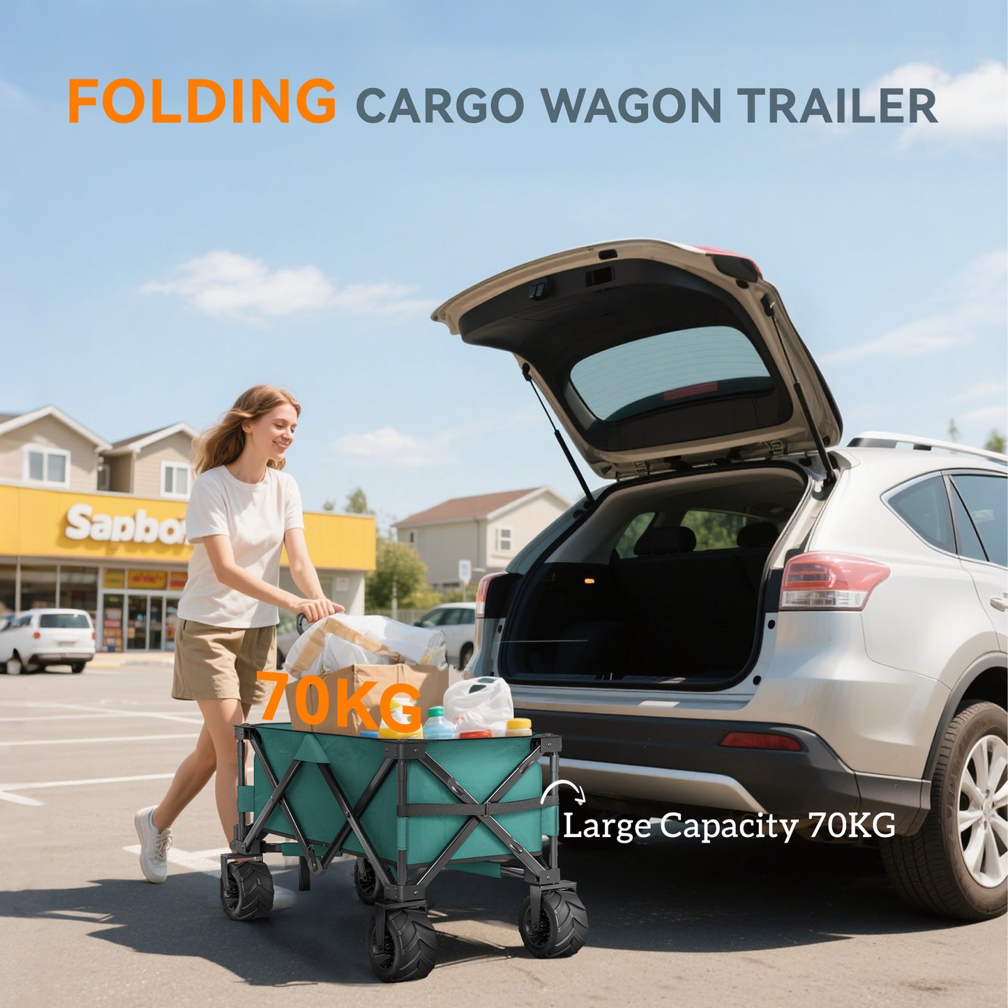 Outsunny 140L Festival Trolley on Wheels, Folding Camping Trolley Cart with Telescopic Handle, Big Wheels for Outdoor Garden Beach Fishing, Green