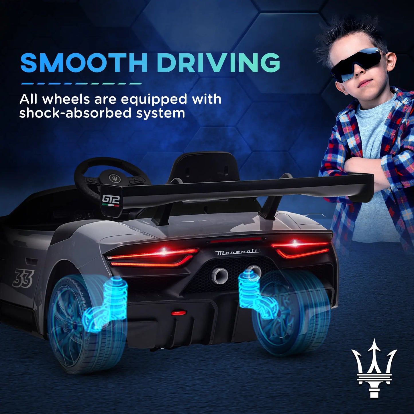 Maserati GT2 Licensed 12V Kids Electric Ride on Car with 4 Suspension Wheels, Remote Control, Music, Horn, Lights, Grey