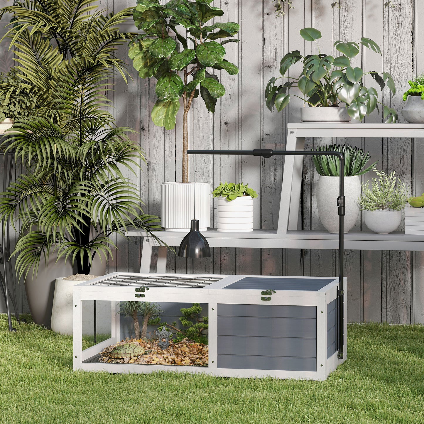 PawHut Tortoise Table with Adjustable Lamp Holder, Wooden Tortoise House w/ Openable Lids, Pull-Out Trays - Grey