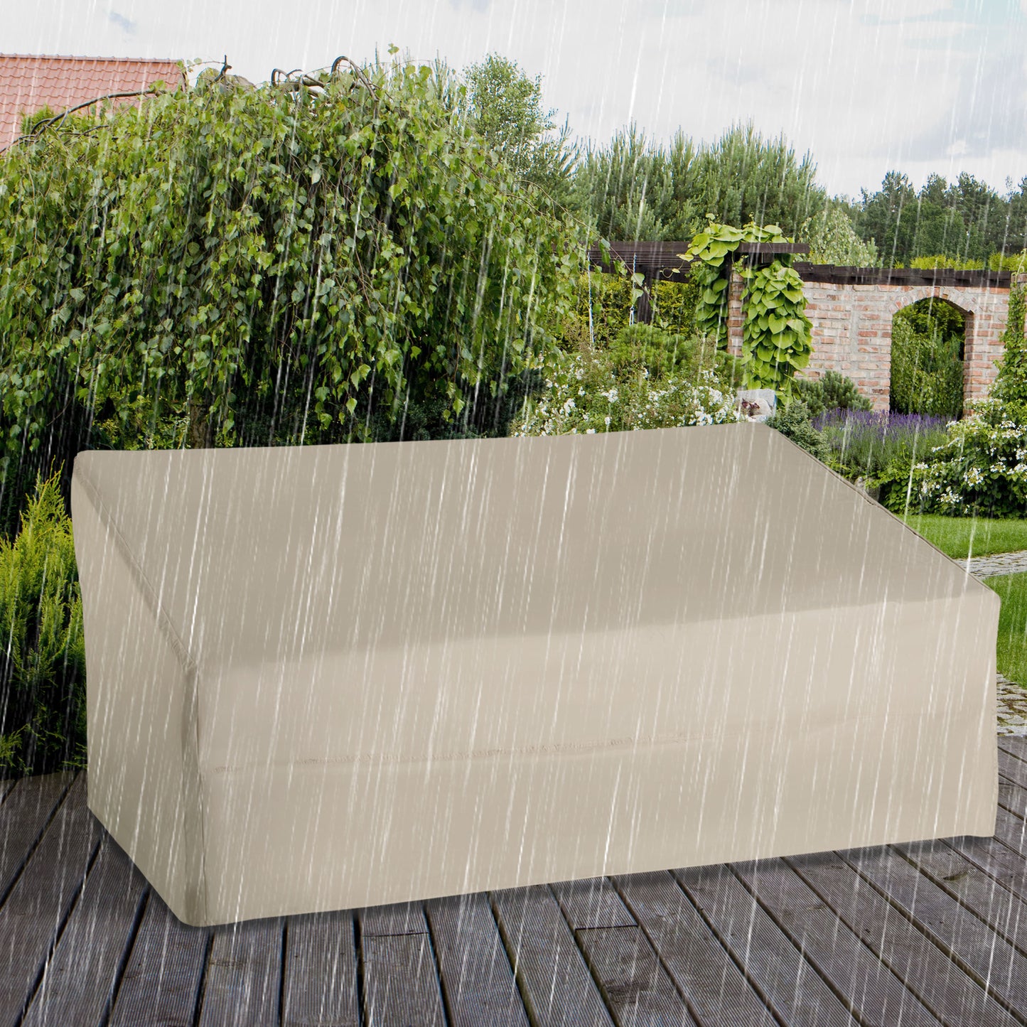 Outsunny 600D Oxford Cloth Garden Furniture Cover Waterproof, 3 Seater Sofa Protector for Patio, Outdoor, Beige, 218 x 111 x 63-101 cm