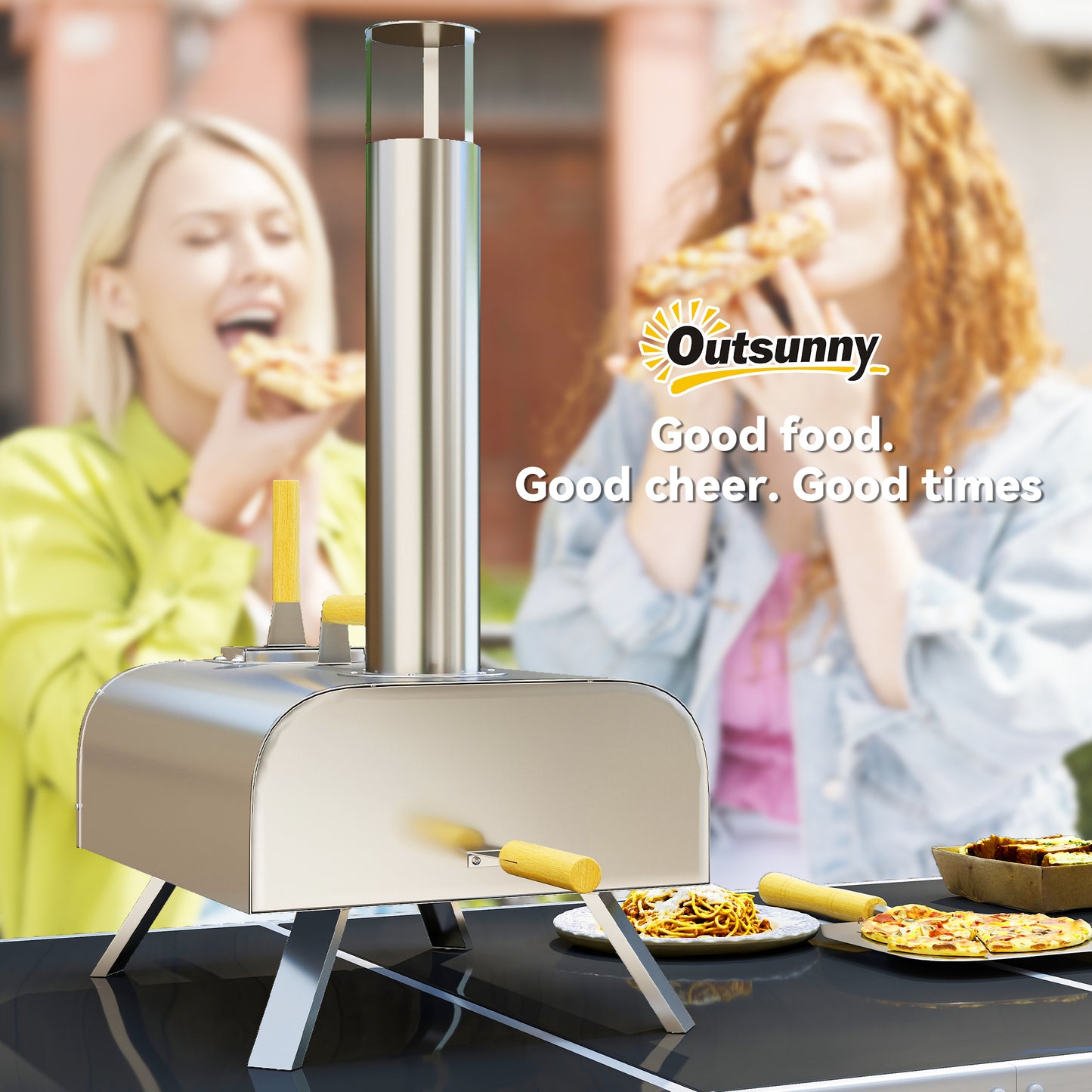 Outsunny Outdoor Pizza Oven, Portable Wood Pellet Pizza Oven with Pizza Stone and Peel, Foldable Legs, Chimney, 12 Inch Wood Fired Pizza Maker for Outdoor Cooking, Stainless Steel