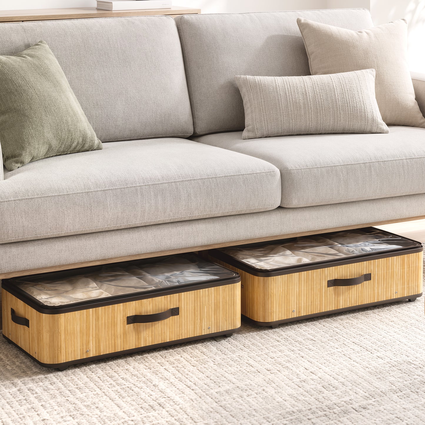 HOMCOM 60L Under Bed Storage with Wheels Pack of 2, Underbed Storage Box with Clear Lid Cover and Reinforced Handle, Natural