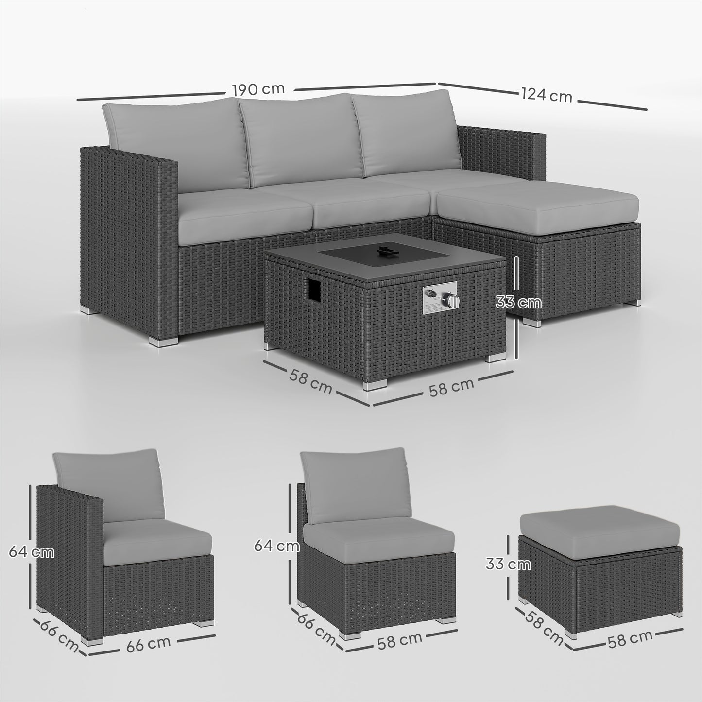 Outsunny Five Piece Rattan Garden Furniture Set with Gas Fire Pit Table and Footstool - Grey