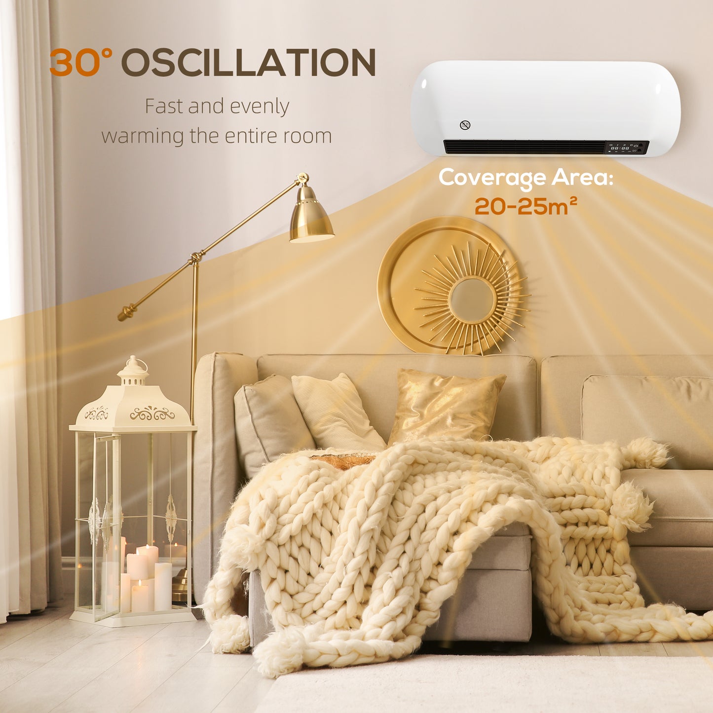 HOMCOM 2000W Ceramic Electric Heater with Fan, Adjustable Thermostat, Wall Mounted - White