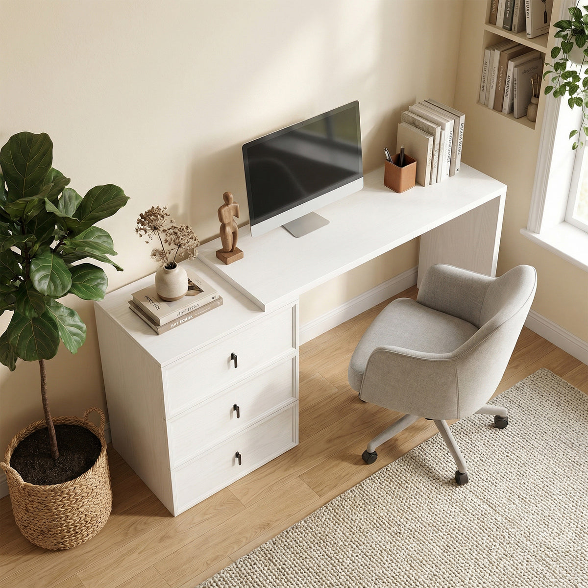 HOMCOM L Shaped Computer Desk with 3 Drawers, 163 x 39 cm Corner Desk, Thick Tabletop, Office Table, White Wood Effect