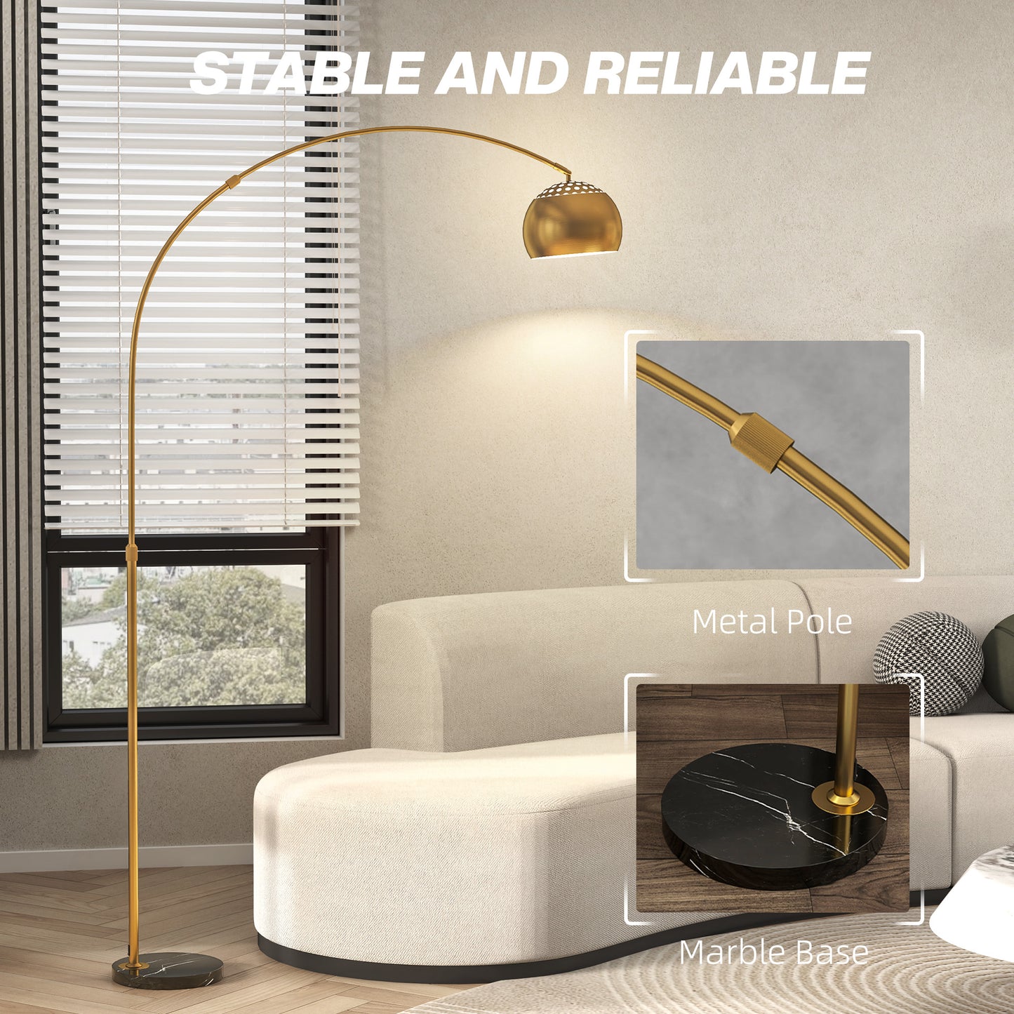 HOMCOM 180cm Arc Floor Lamp for Living Room, Modern Adjustable Standing Lamp with Foot Switch, Faux Black Marble Base and Bell Shade for Home Offices, Bedrooms, Gold Tone