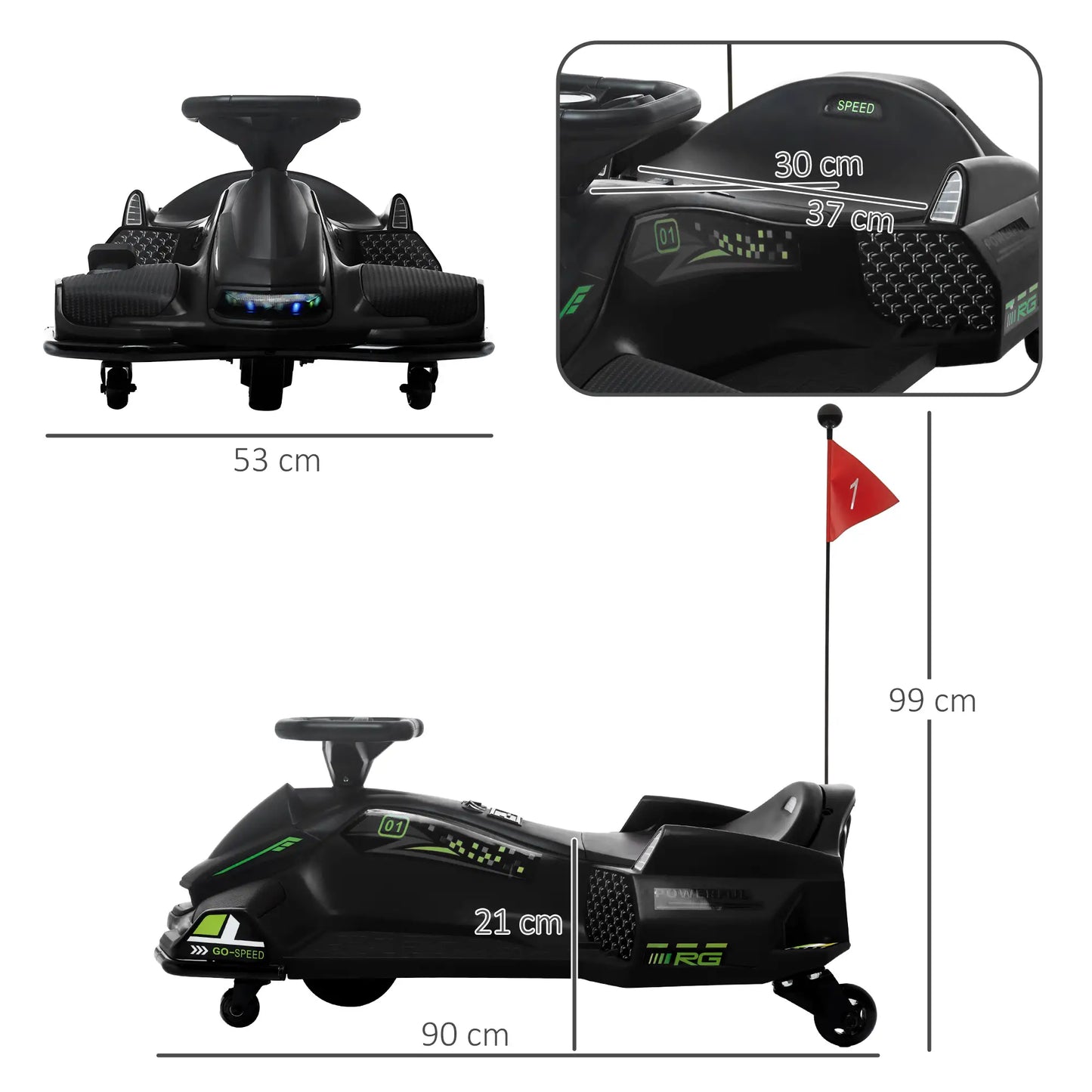 12V Kids Electric Drift Go Kart with Music, LED Lights, Slow Start, Black