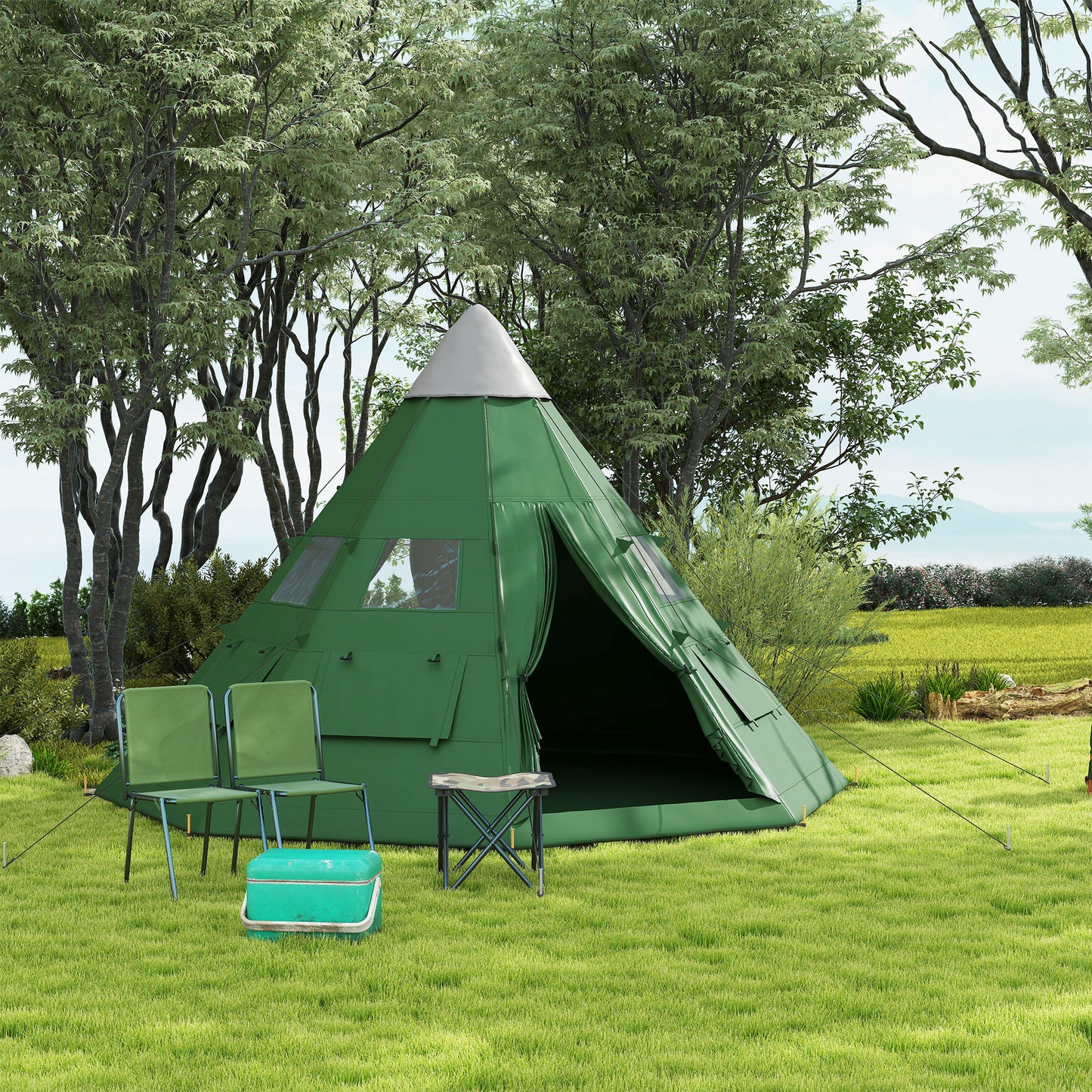 Outsunny 6 Men Tipi Tent with Carry Bag - Green