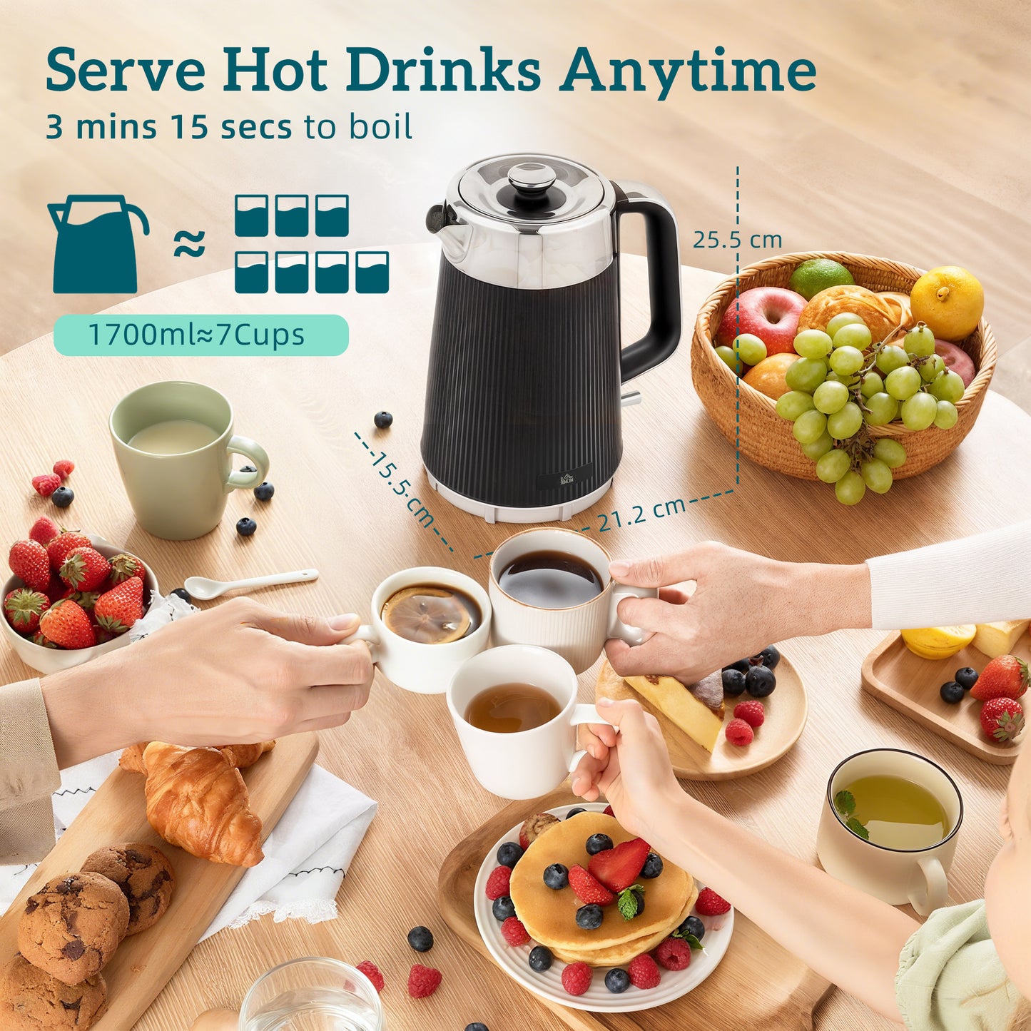 HOMCOM Electric Stainless Steel Kettle and Toaster Set, 3000W 1.7L UK Strix Thermostat Fast Boil Kettle w/ Limescale Filter, Cool Touch Body, 4 Slice Toaster with 7 Browning Levels, Crumb Tray, Black