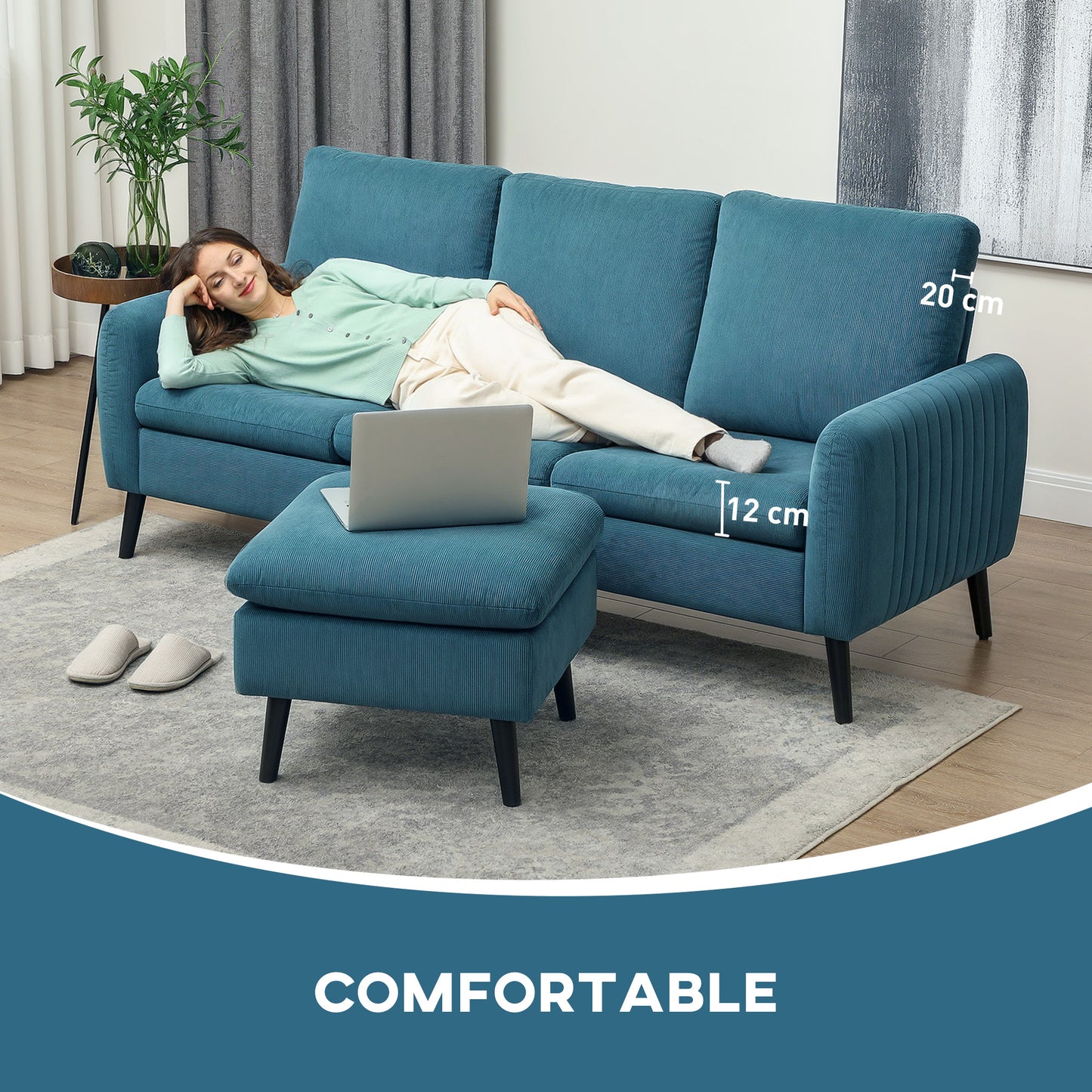 HOMCOM 3 Seater Sofa with Ottoman, 196cm Corduroy L-shaped Sofa Couch with Scatter Back, Reversible Chaise Lounge for Living Room, Home Office, Small Spaces, Blue