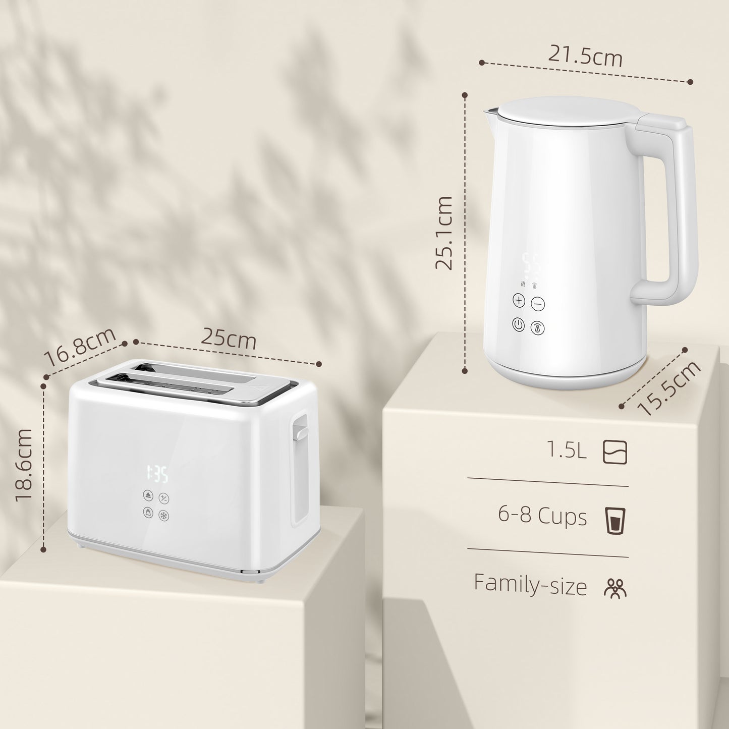 HOMCOM Polished Stainless Steel Kettle and Toaster Set - White