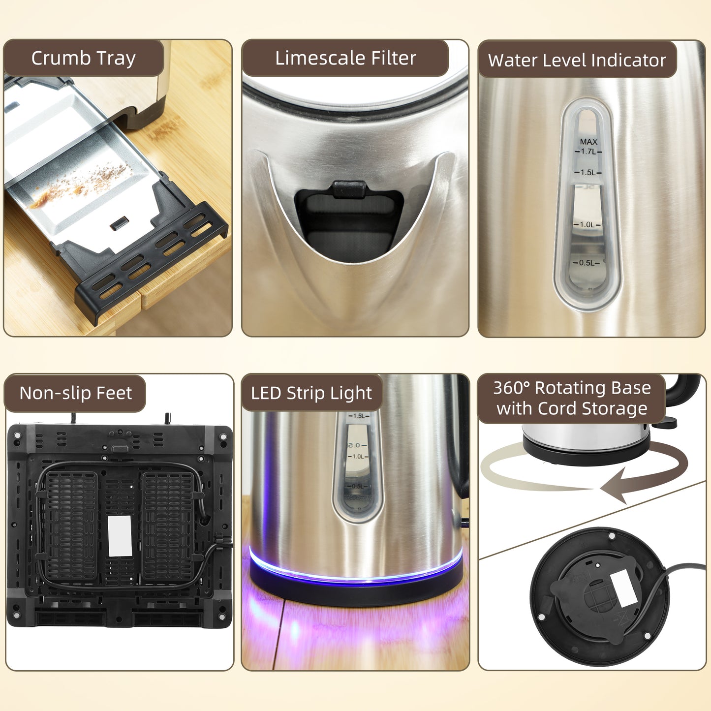 HOMCOM Kettle and Toaster Set, 1.7L 3000W Rapid Boil Jug Kettle with Strix Thermostat, Limescale Filter, 4 Slice Toaster with 7 Browning Controls, Crumb Tray, Silver Tone