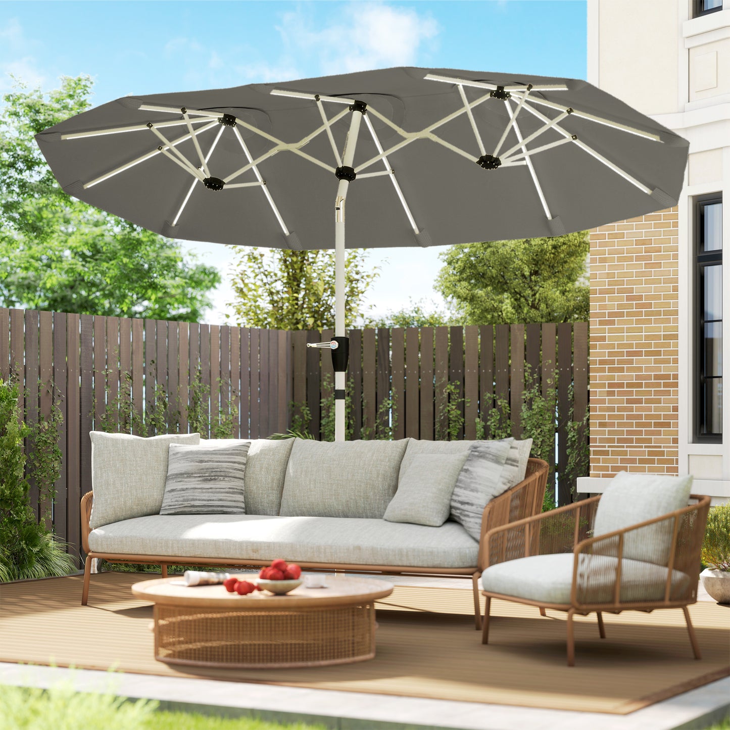 Outsunny 3 m Double-Sided Garden Parasol with LED Solar Lights, Outdoor Extra Large Sun Umbrella with Crank Handle, Grey