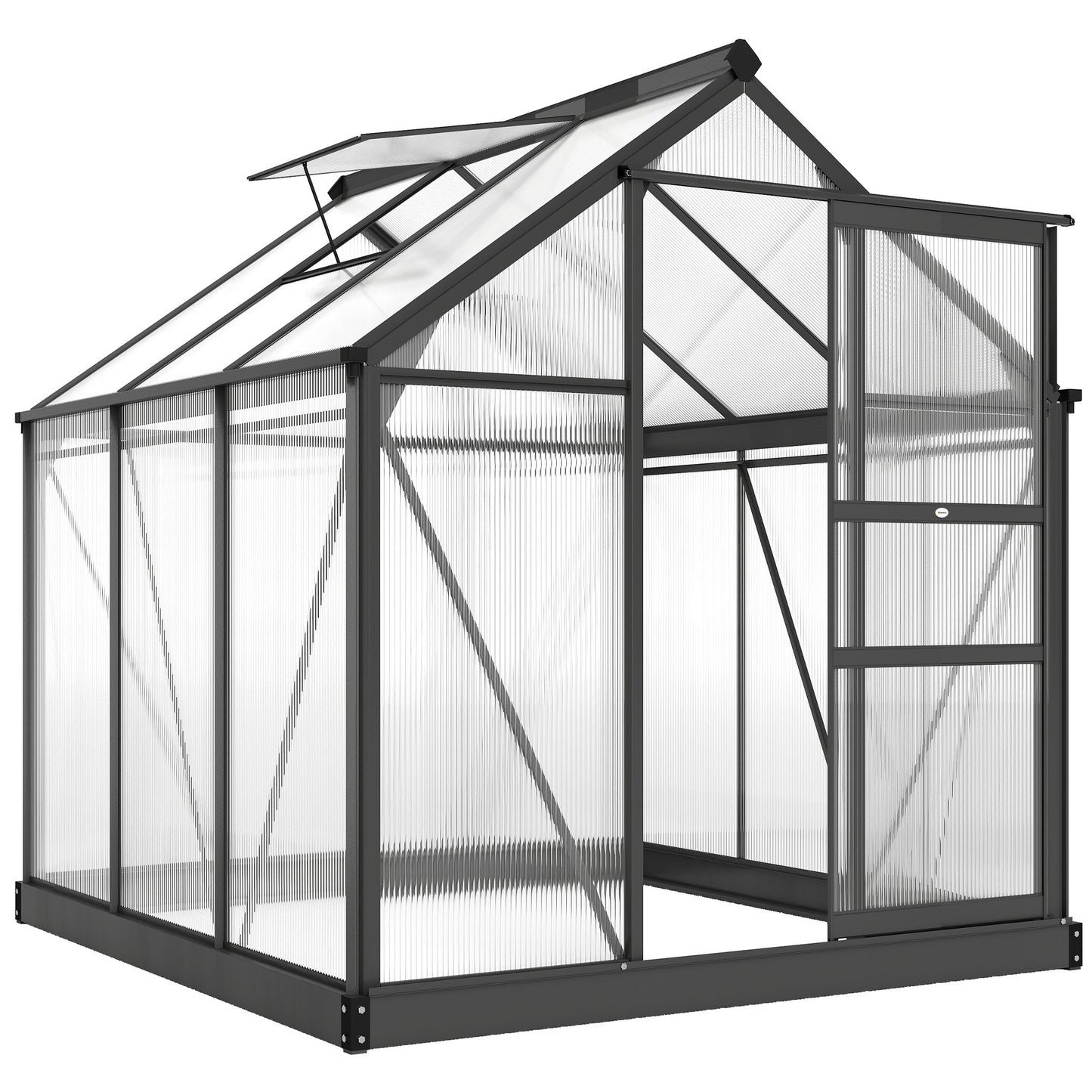 Outsunny 6 x 6ft Polycarbonate Greenhouse, Large Walk in Green House with Slide Door and Window, Garden Plants Grow House with Aluminium Frame and Foundation, Grey