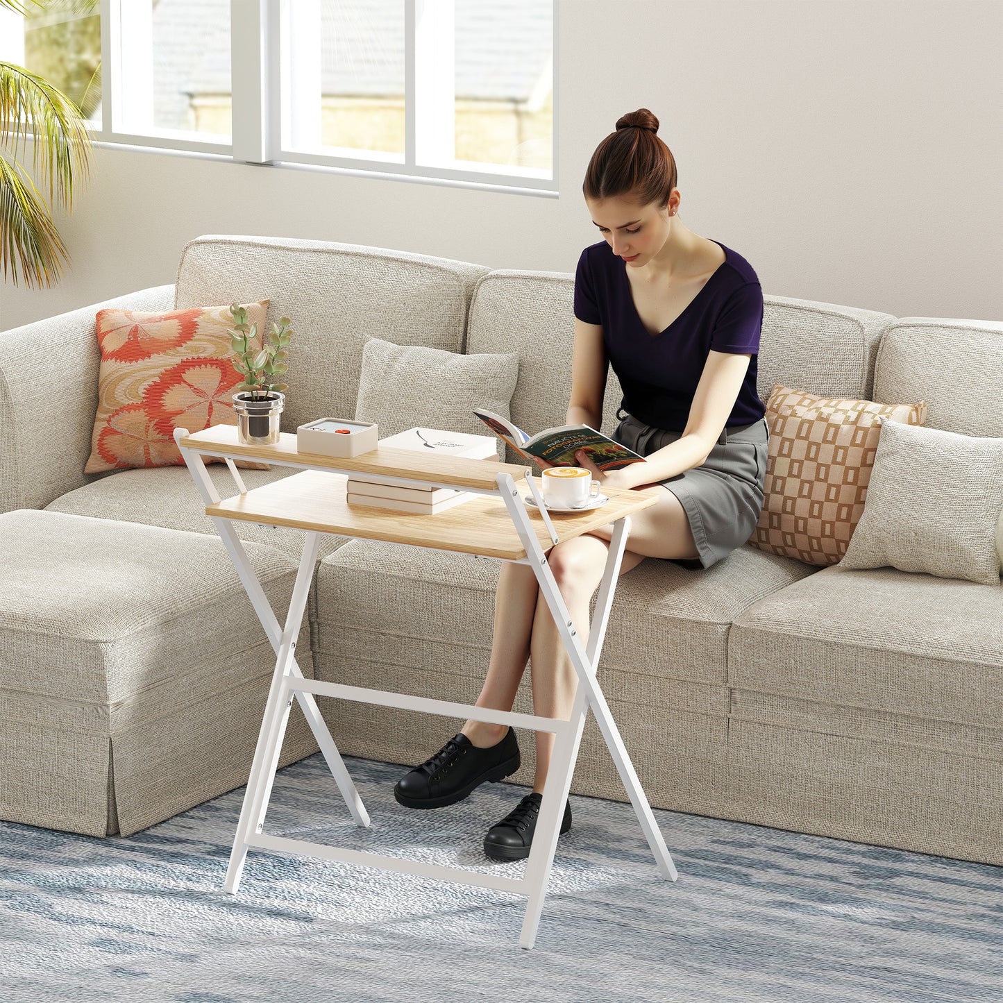 HOMCOM 70 cm Folding Computer Desk with Monitor Shelf - Natural Wood Finish