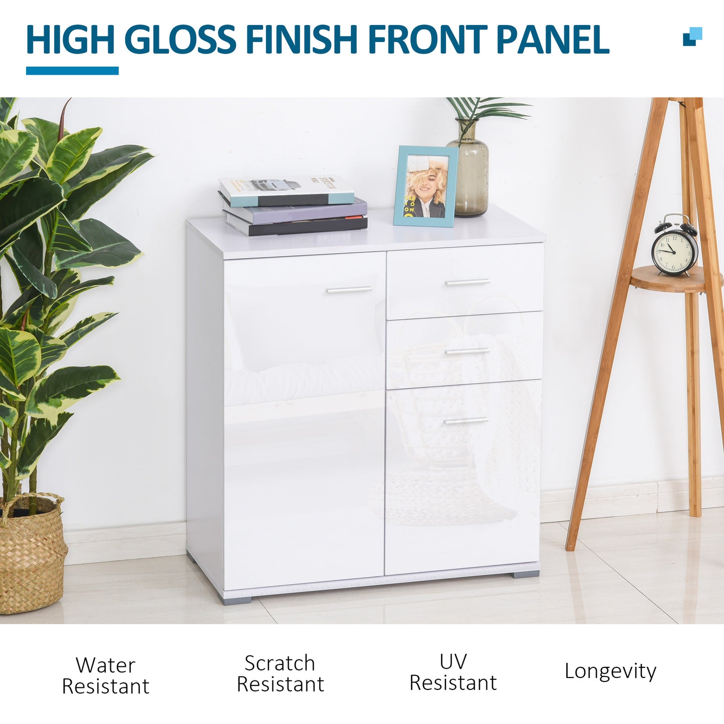HOMCOM Sideboard, Modern Storage Cabinet with 2 Drawers, 2 Doors and Adjustable Shelf, Kitchen Cabinet for Living Room, Dining Room, High Gloss White